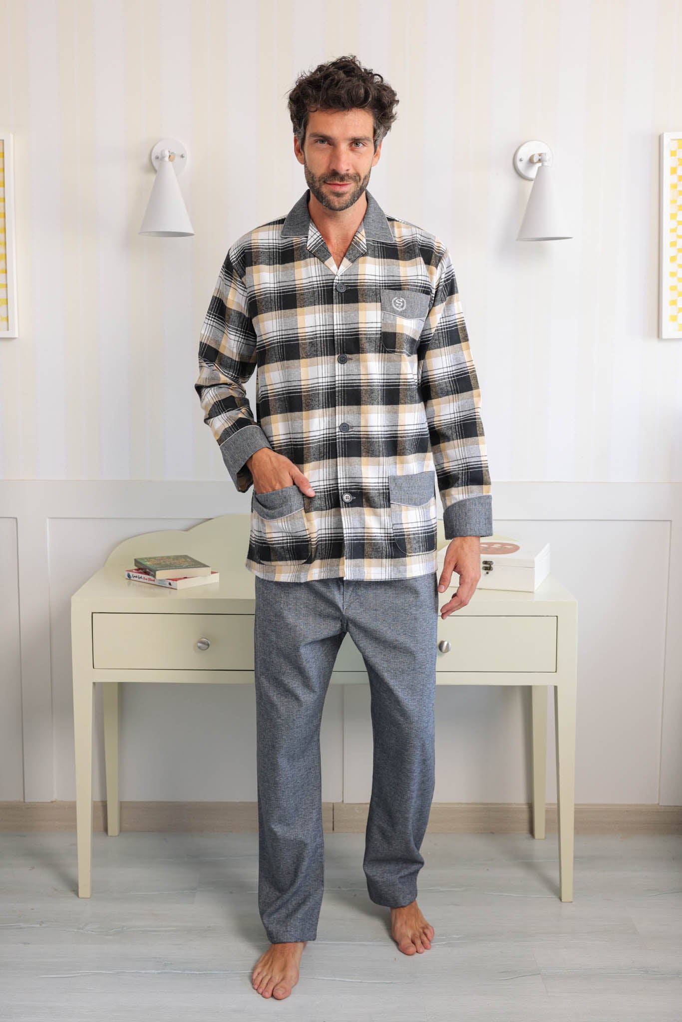 بيجاما كلاسيك رجالي صوف كاروهات بنطلون ساده