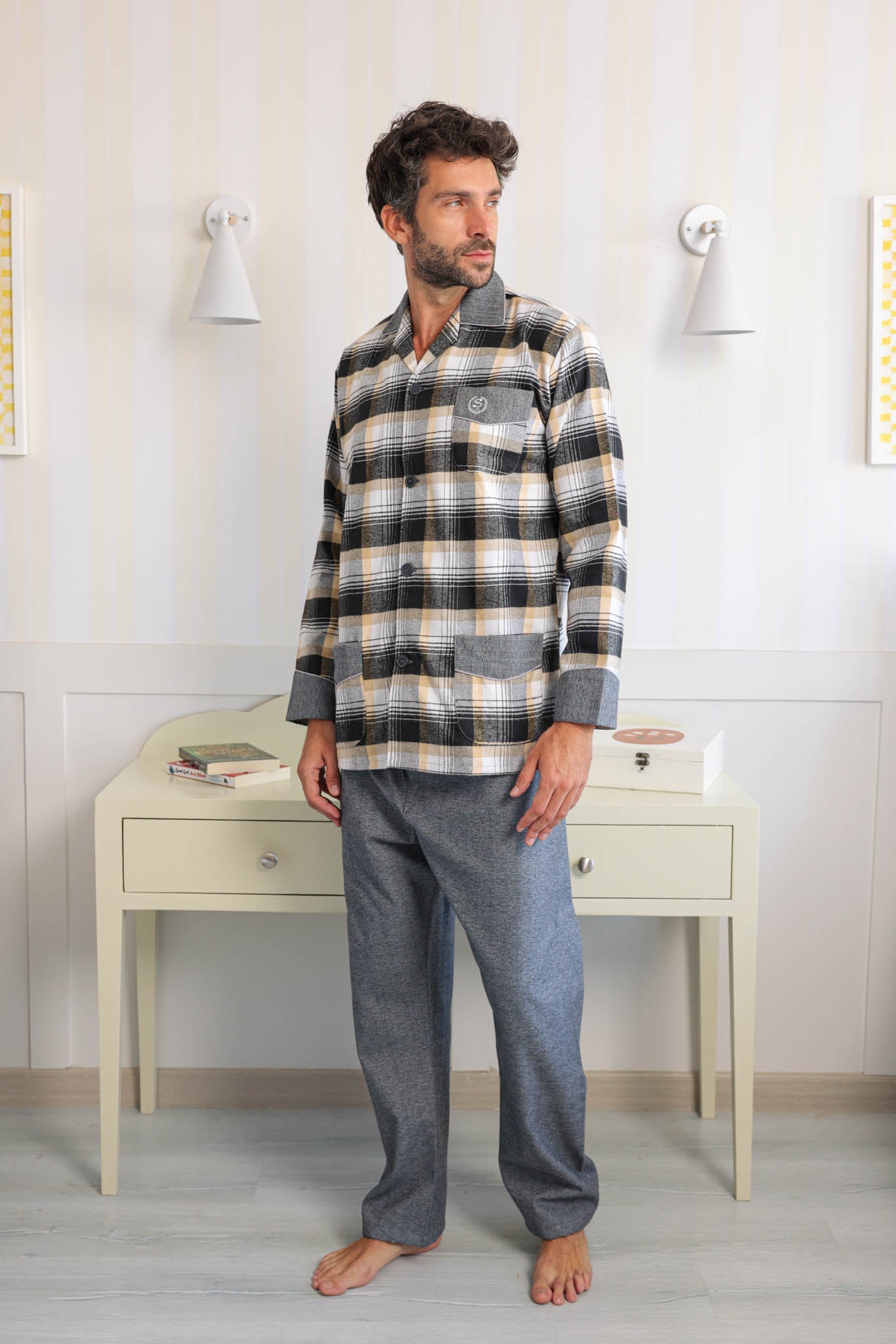 بيجاما كلاسيك رجالي صوف كاروهات بنطلون ساده