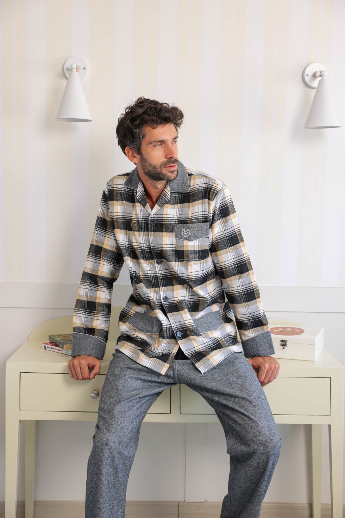 بيجاما كلاسيك رجالي صوف كاروهات بنطلون ساده