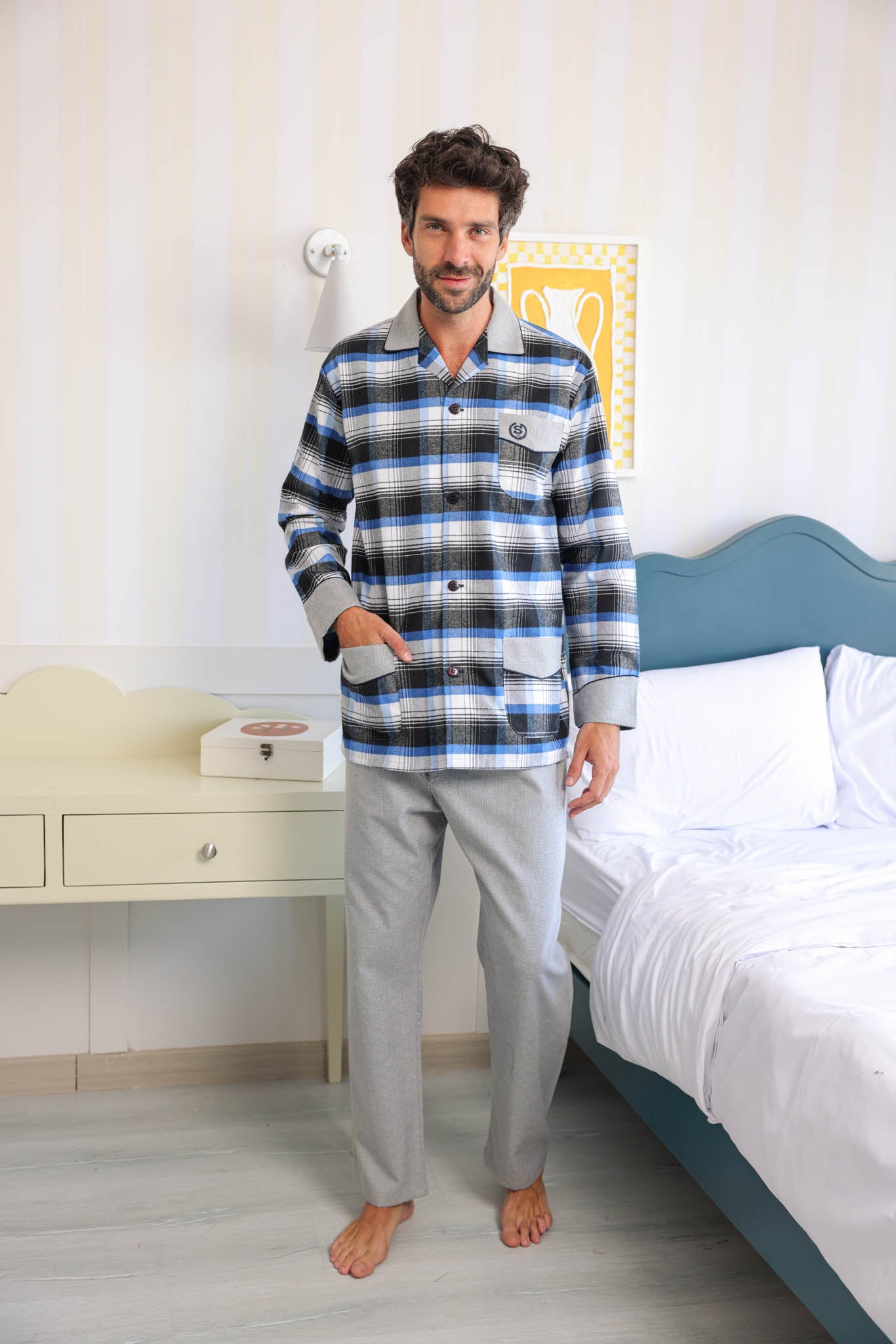 بيجاما كلاسيك رجالي صوف كاروهات بنطلون ساده