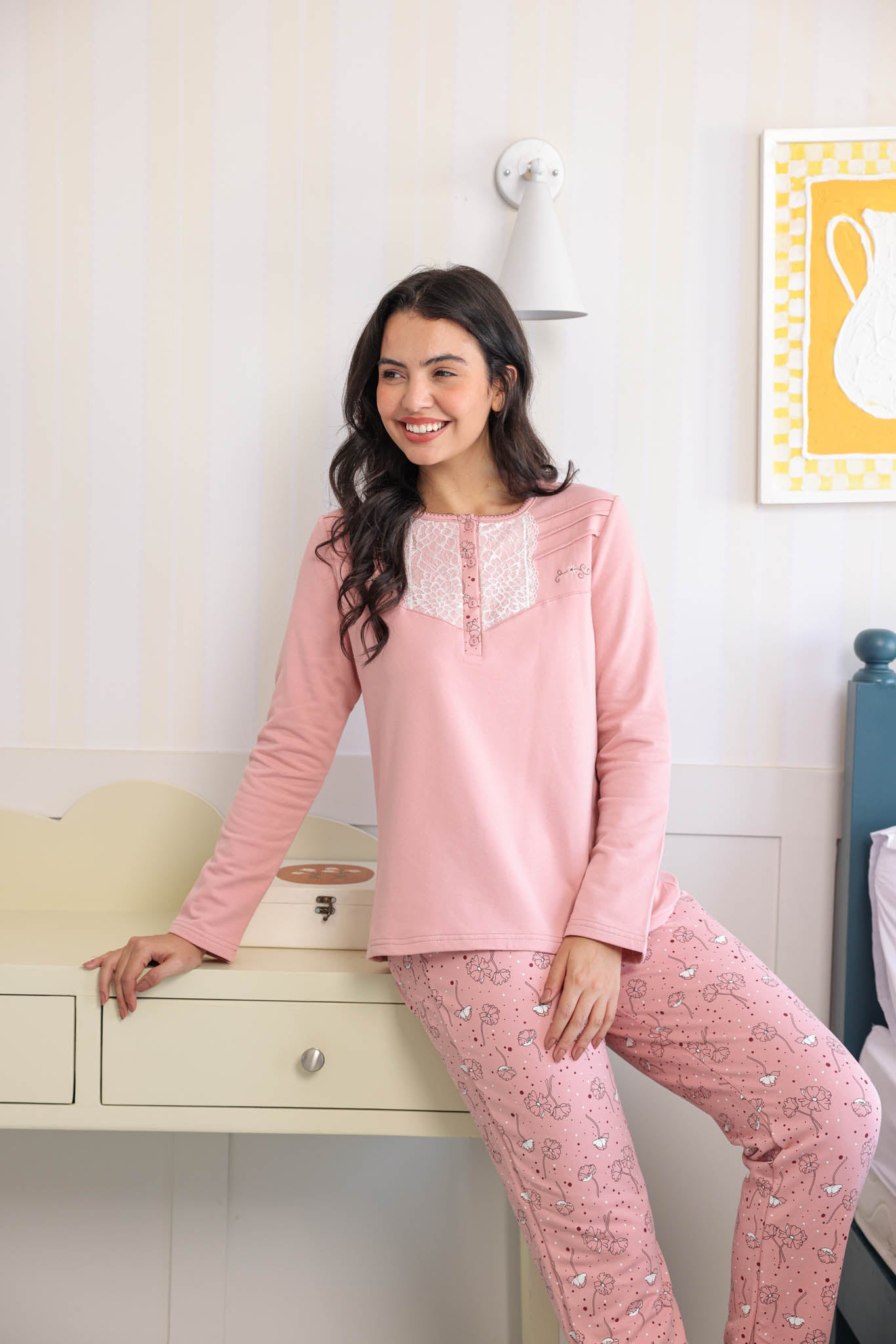 بيجاما حريمي ميلتون توب ساده دانتيل بنطلون روتاري