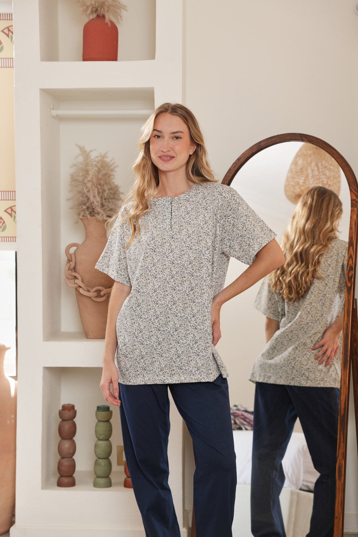 بيجاما نص كم مطبوع روتاري بنطلون ساده