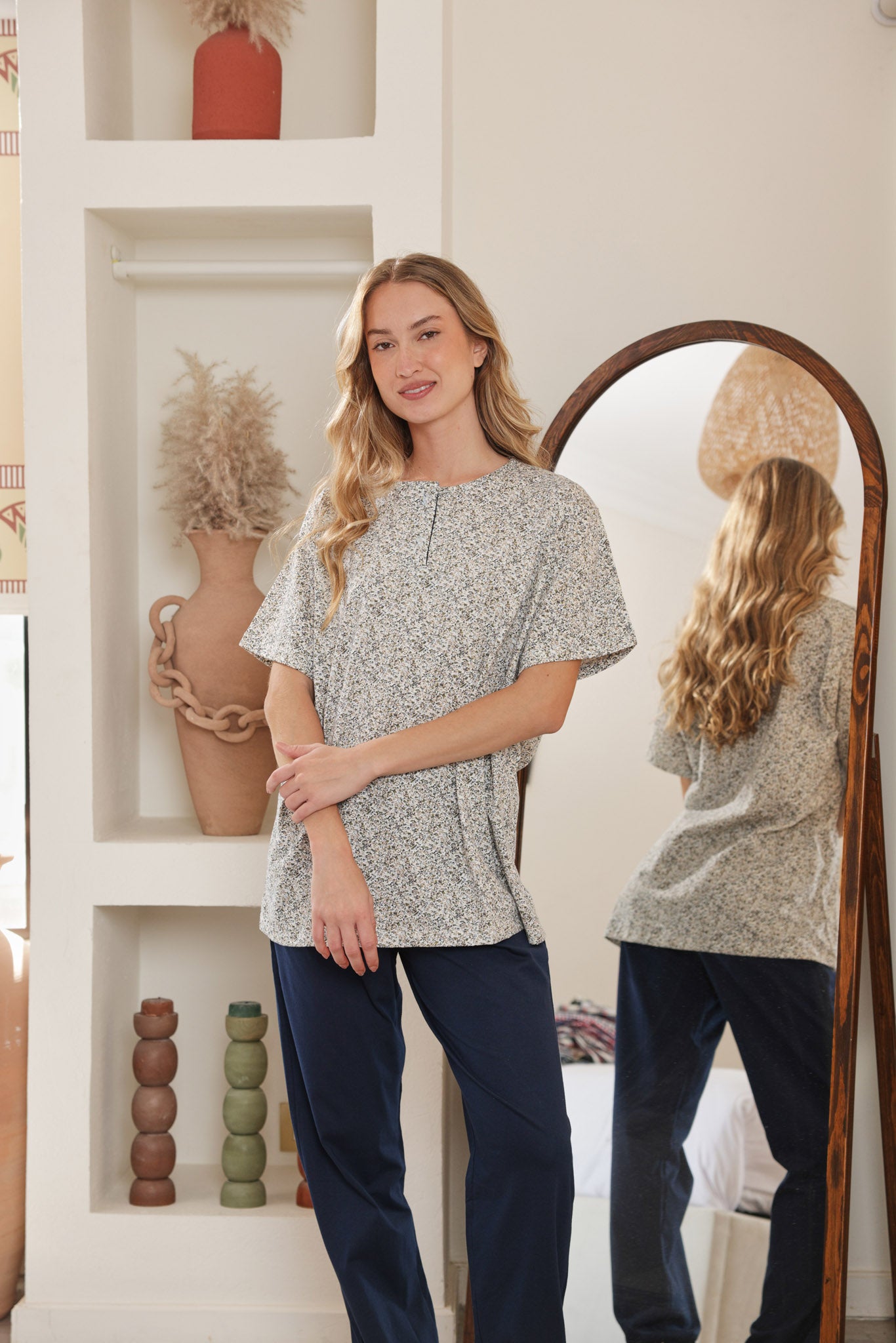 بيجاما نص كم مطبوع روتاري بنطلون ساده