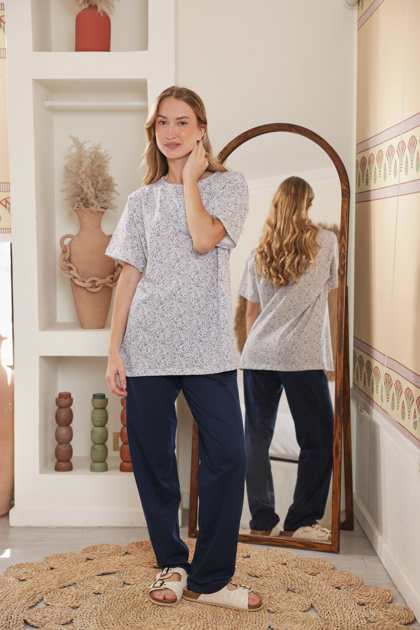 بيجاما نص كم مطبوع روتاري بنطلون ساده