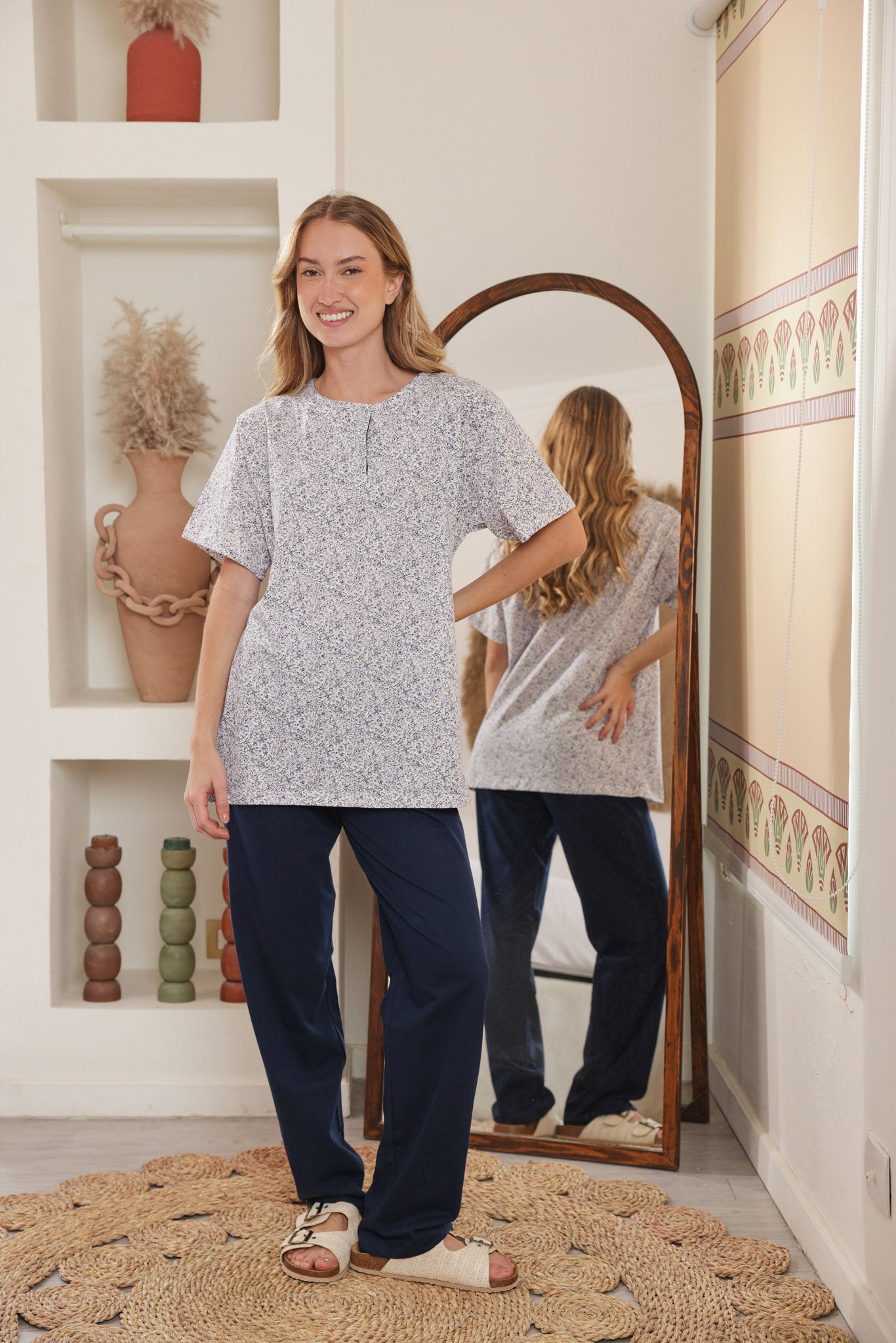 بيجاما نص كم مطبوع روتاري بنطلون ساده