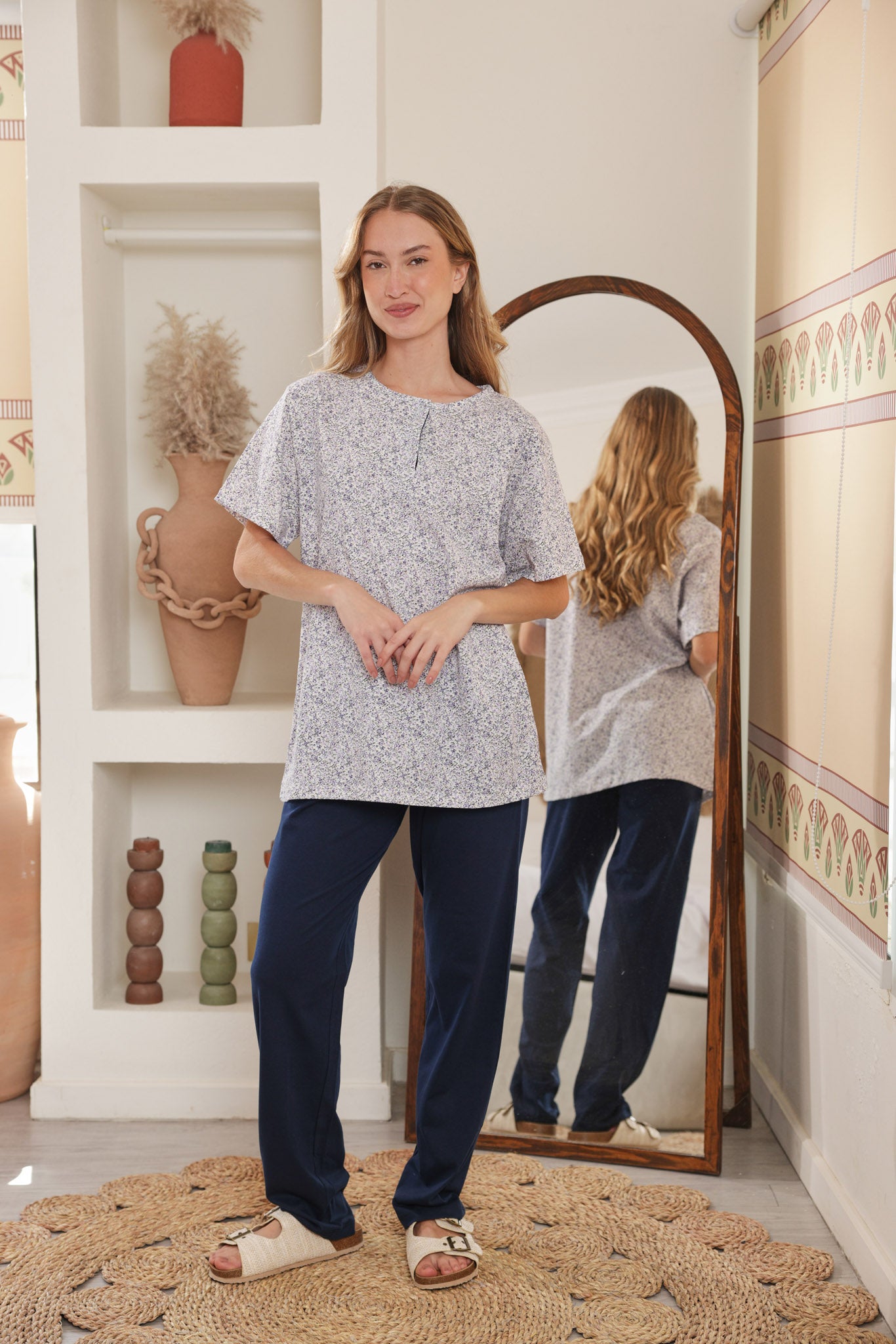 بيجاما نص كم مطبوع روتاري بنطلون ساده