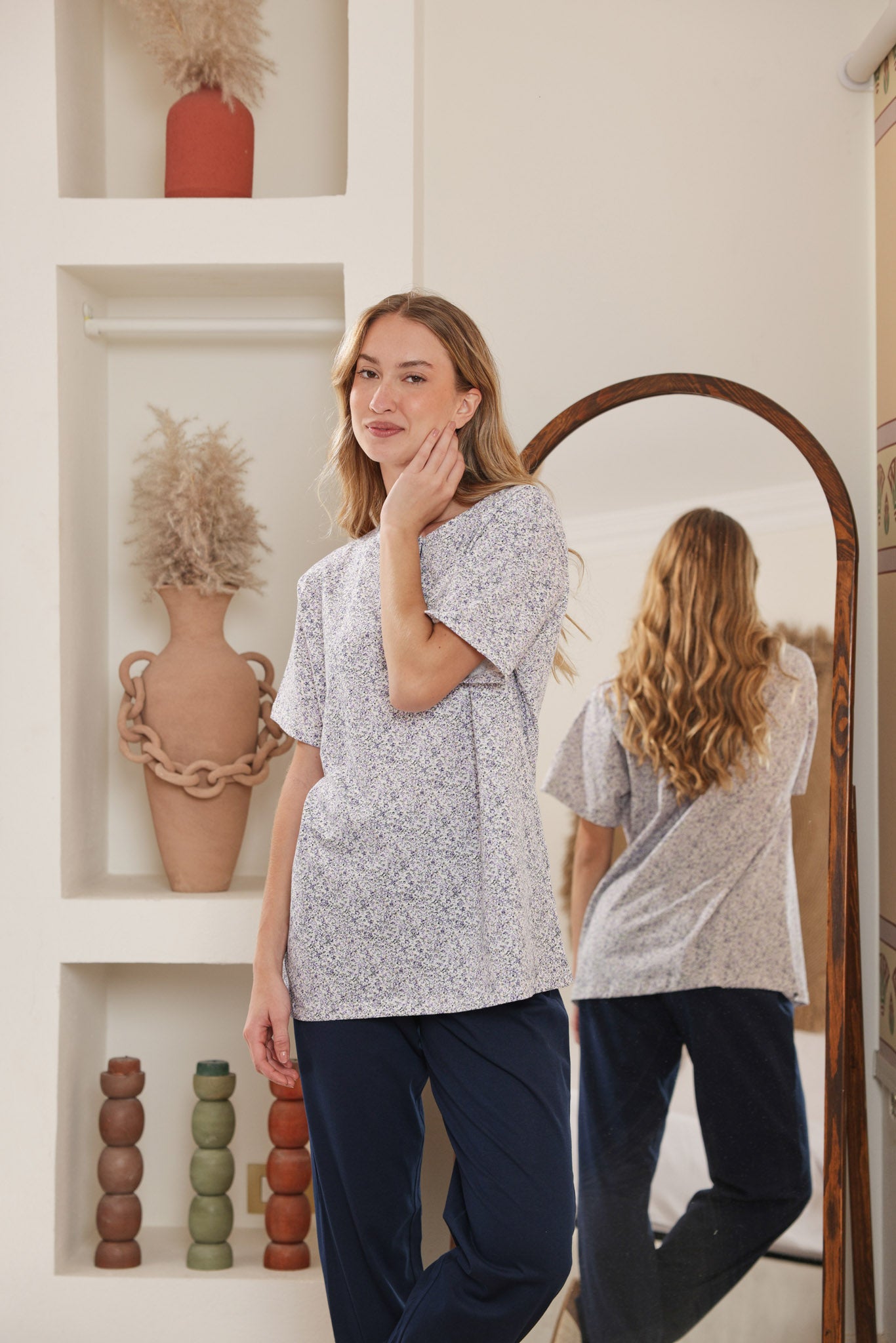 بيجاما نص كم مطبوع روتاري بنطلون ساده