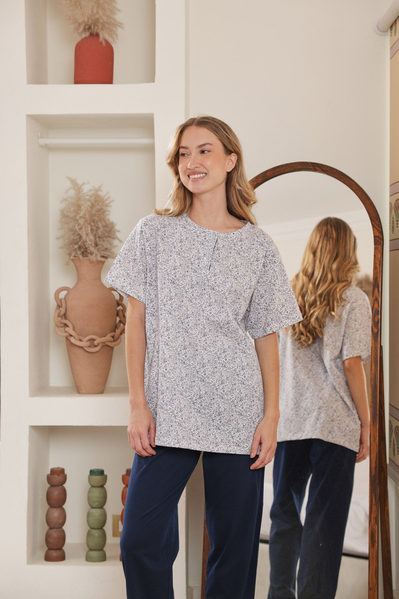 بيجاما نص كم مطبوع روتاري بنطلون ساده