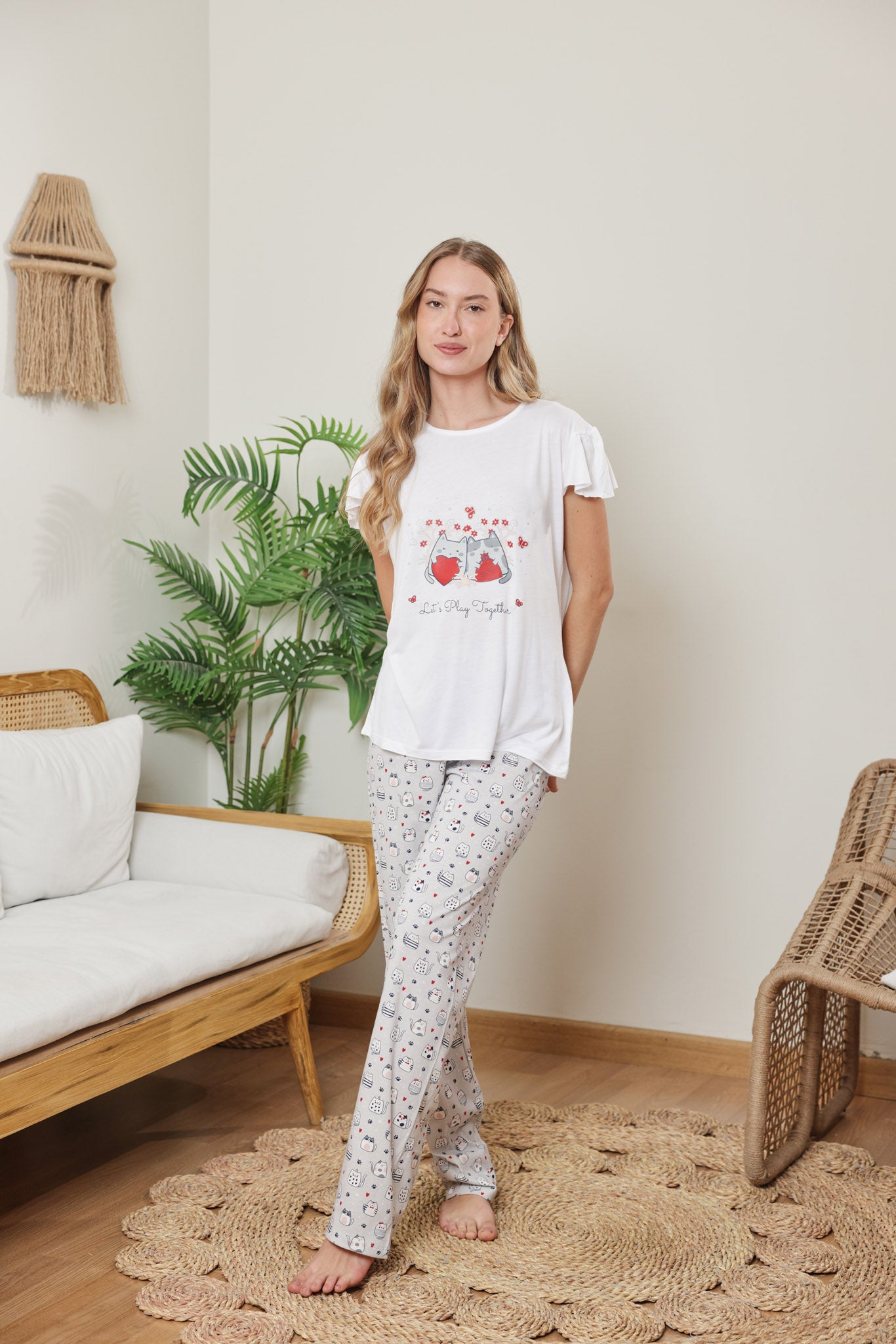 بيجاما ربع كم طباعه قطه بنطلون مطبوع