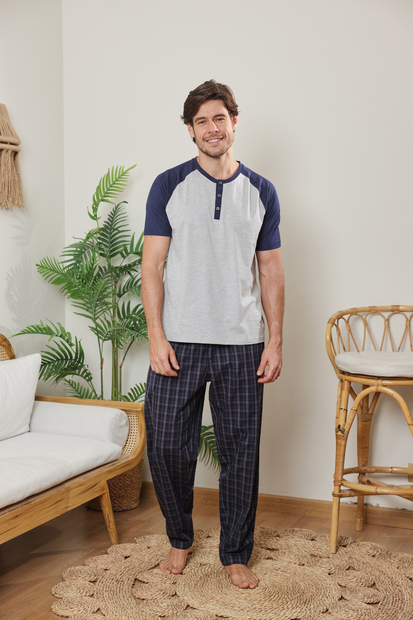 بيجاما رجالي توب ساده بنطلون كاروه نسيج