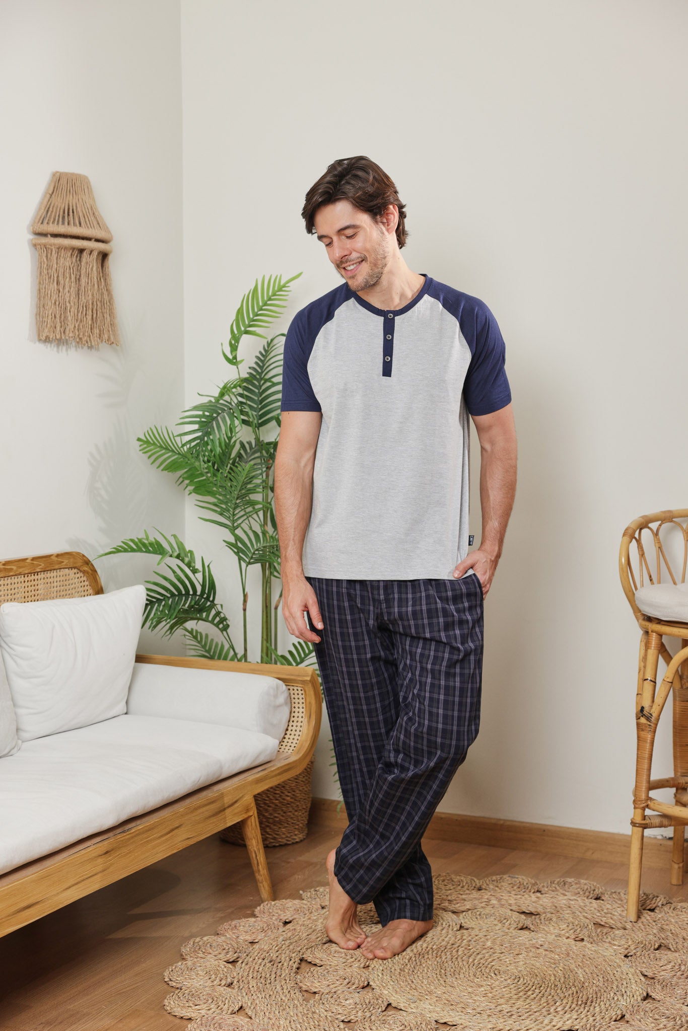 بيجاما رجالي توب ساده بنطلون كاروه نسيج