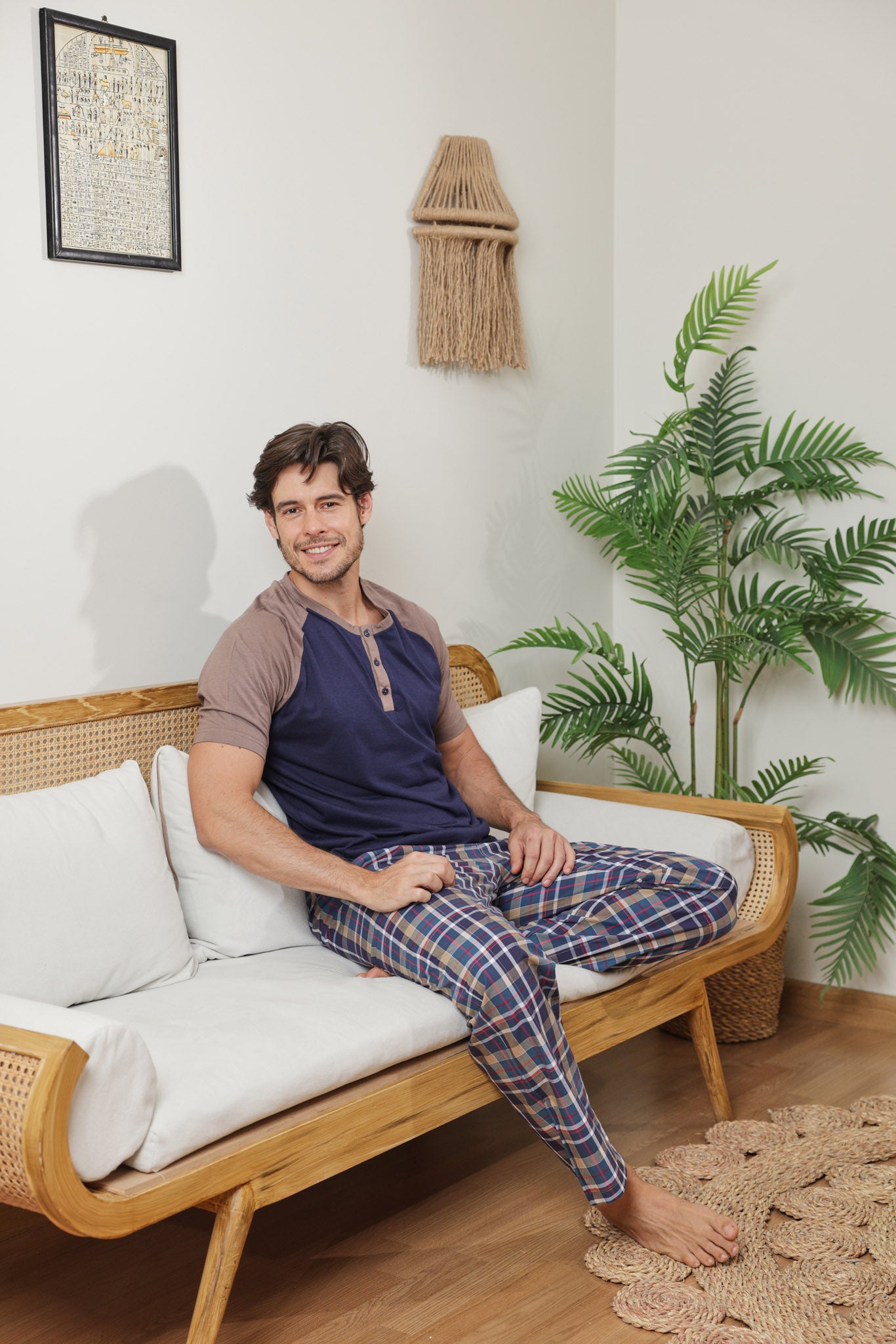 بيجاما رجالي توب ساده بنطلون كاروه نسيج