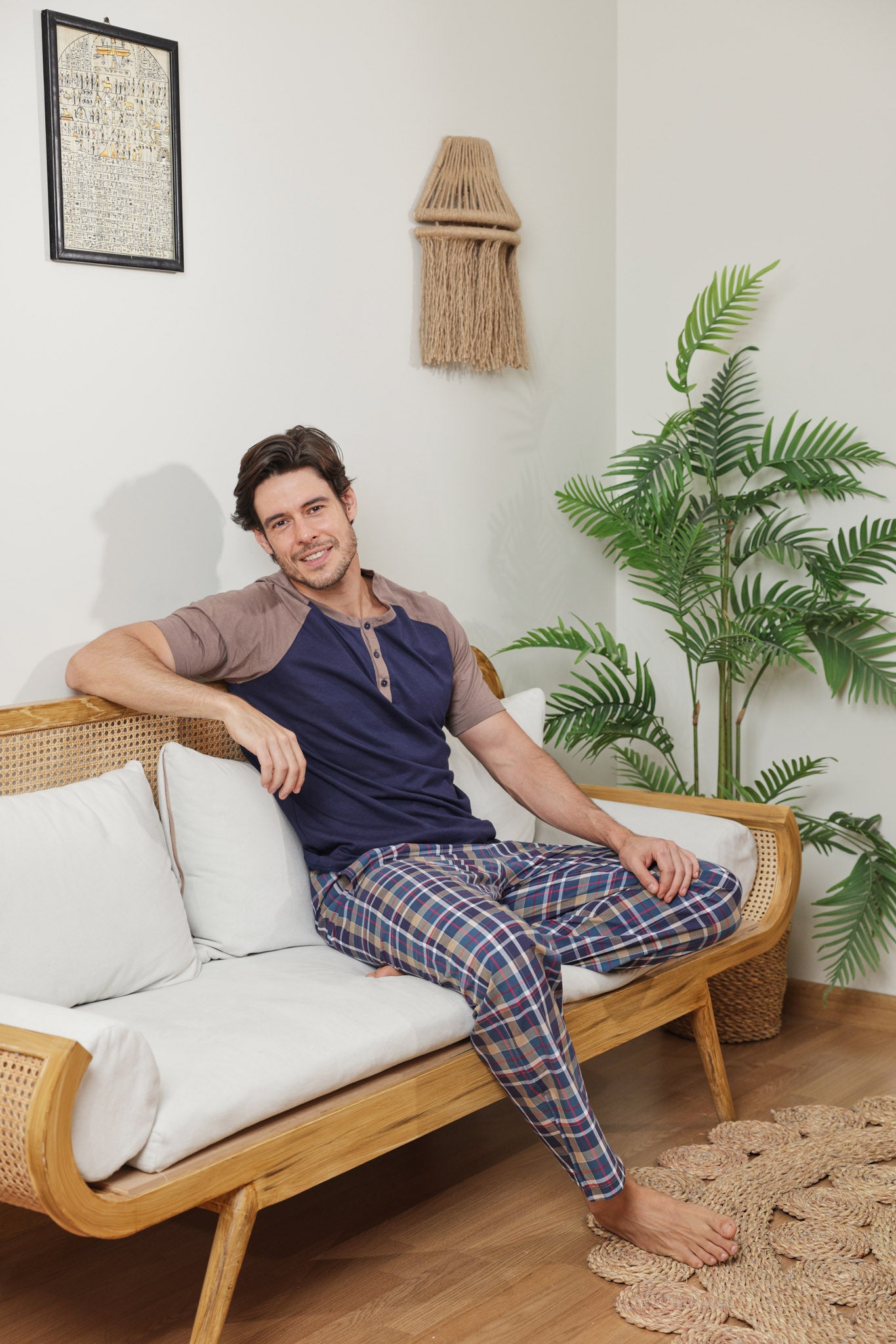 بيجاما رجالي توب ساده بنطلون كاروه نسيج