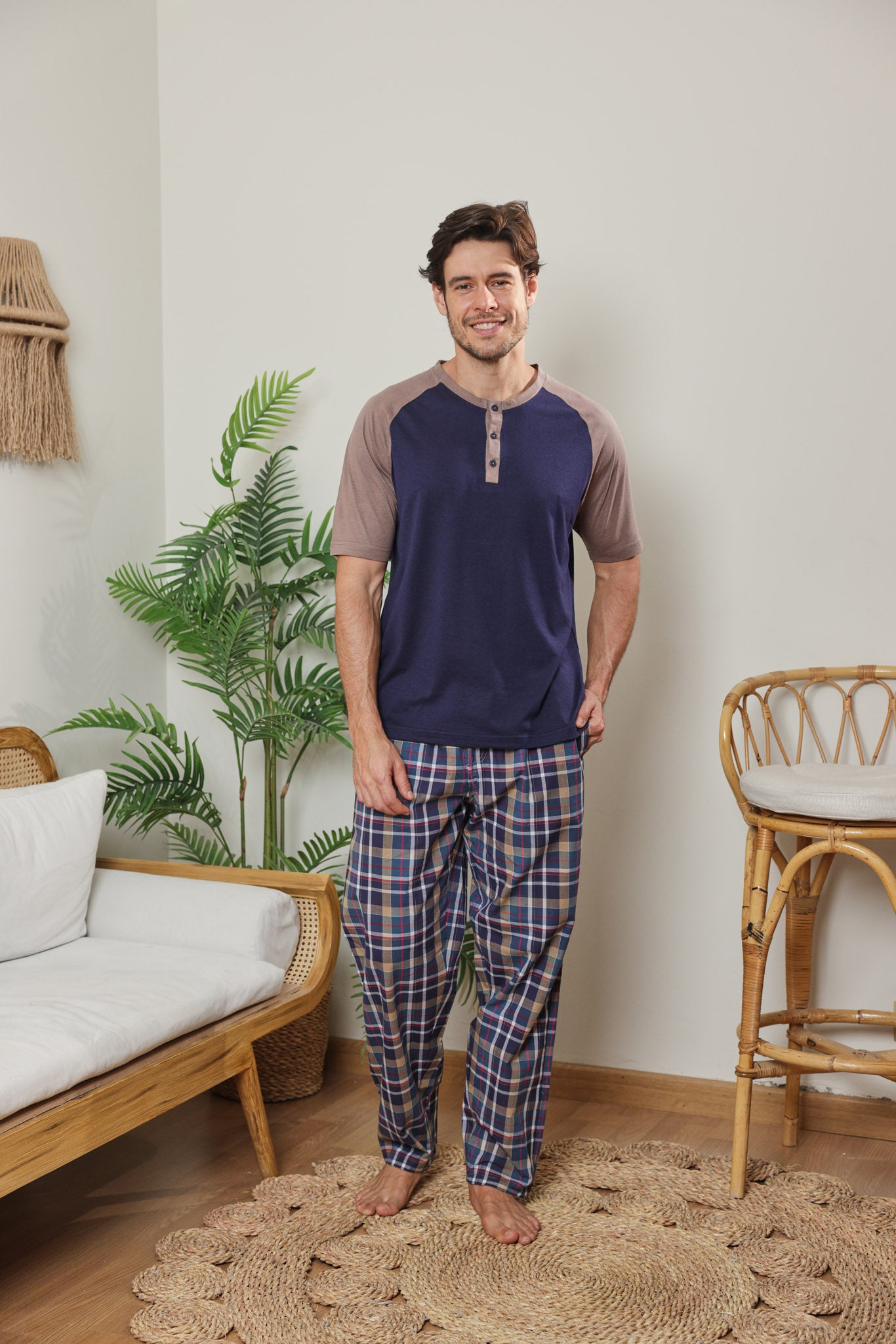 بيجاما رجالي توب ساده بنطلون كاروه نسيج