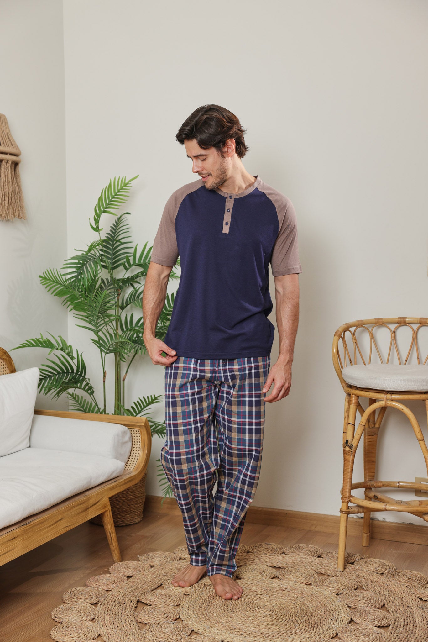 بيجاما رجالي توب ساده بنطلون كاروه نسيج