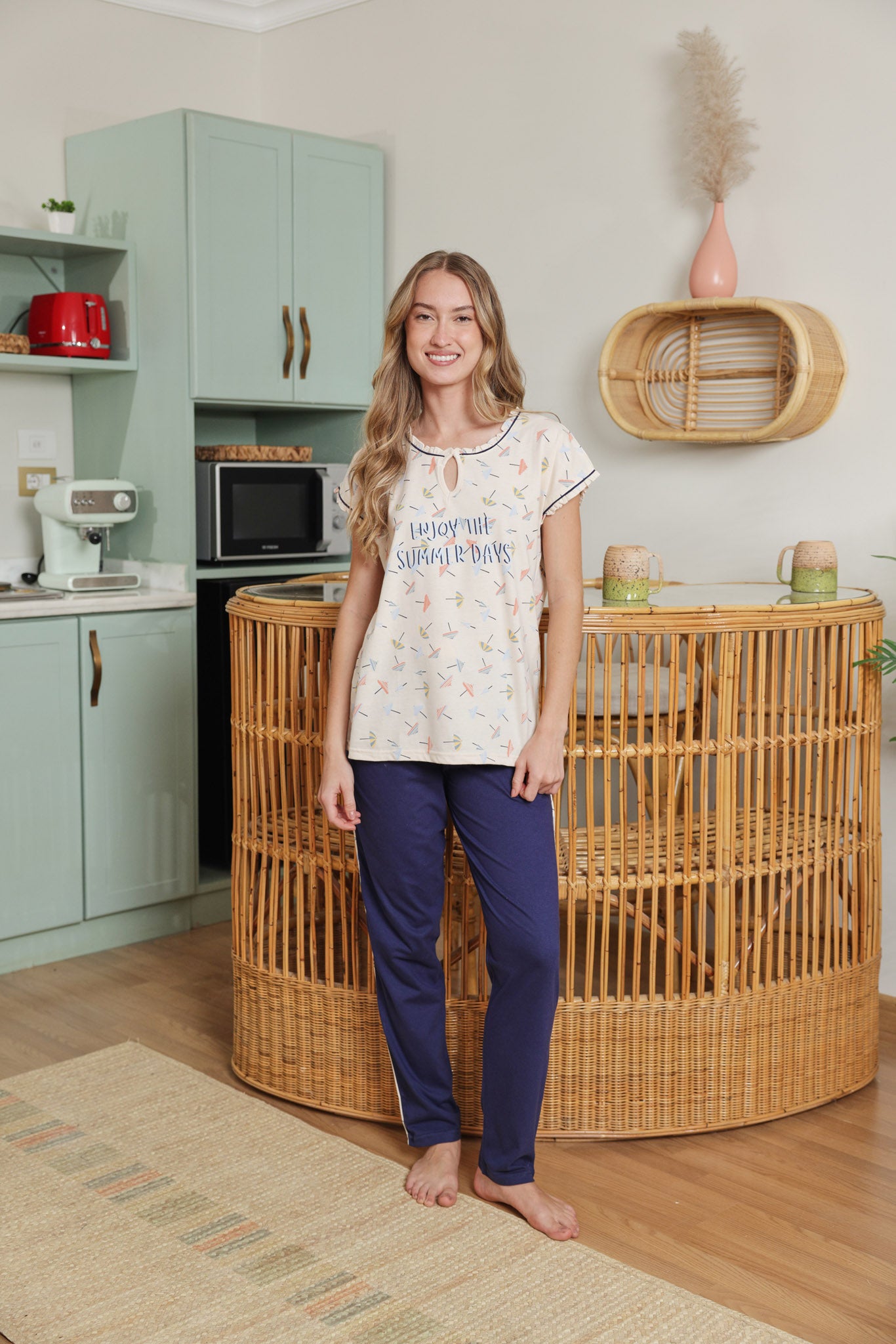 بيجاما قطن نص كم summer days بنطلون ساده