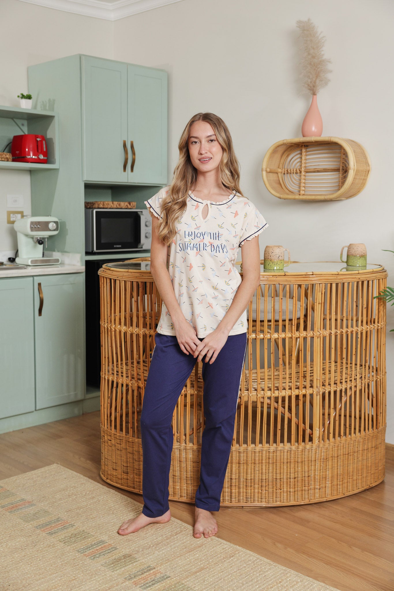 بيجاما قطن نص كم summer days بنطلون ساده