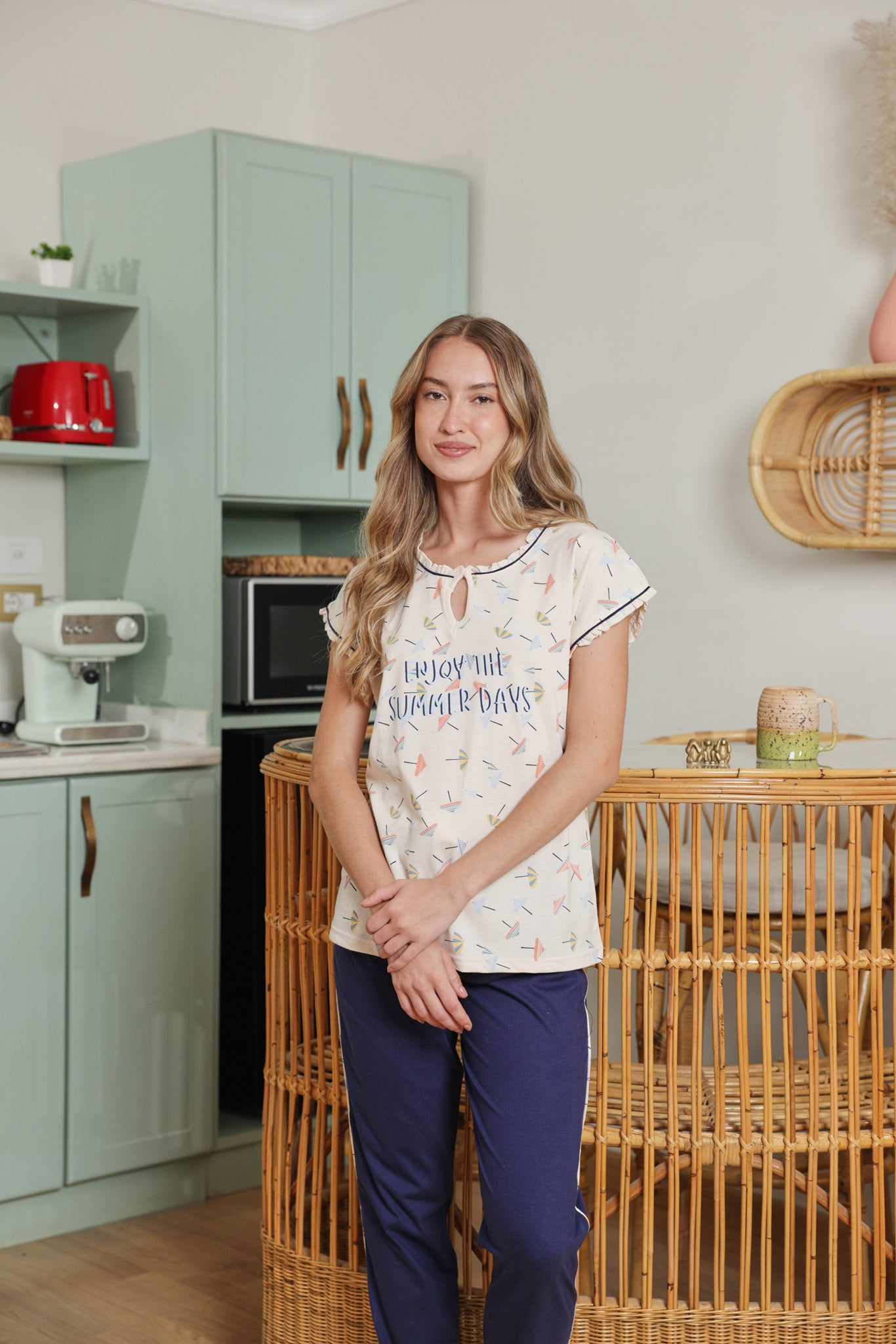 بيجاما قطن نص كم summer days بنطلون ساده