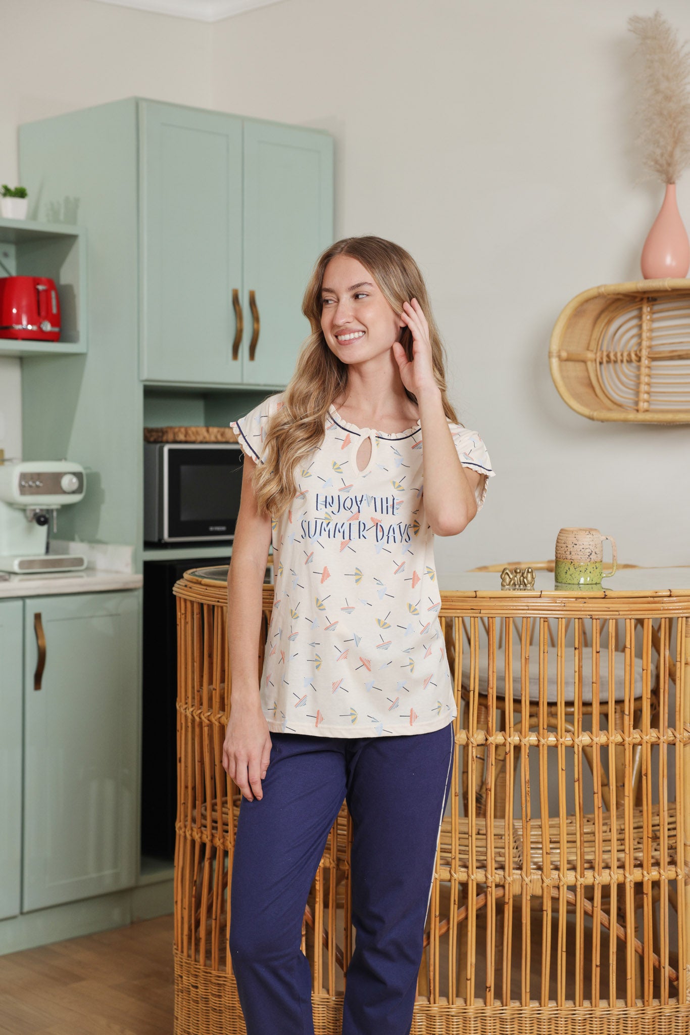 بيجاما قطن نص كم summer days بنطلون ساده