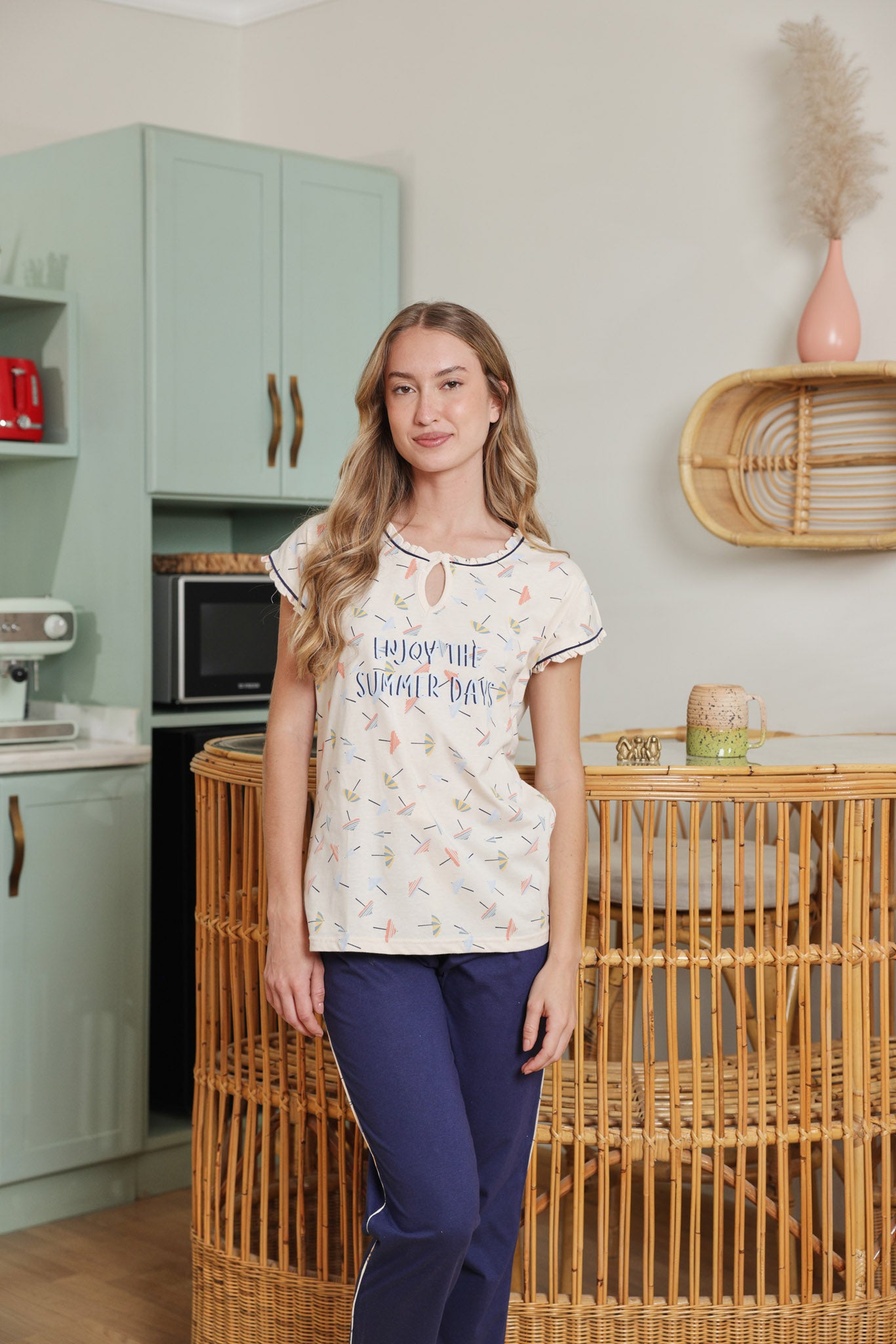 بيجاما قطن نص كم summer days بنطلون ساده