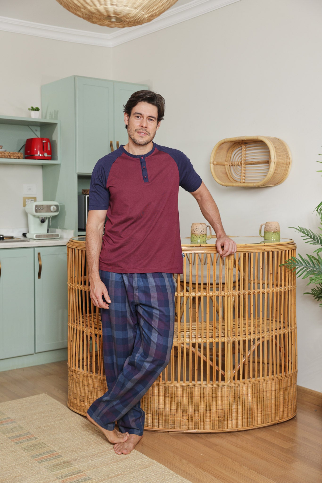 بيجاما رجالي توب ساده بنطلون كاروه نسيج