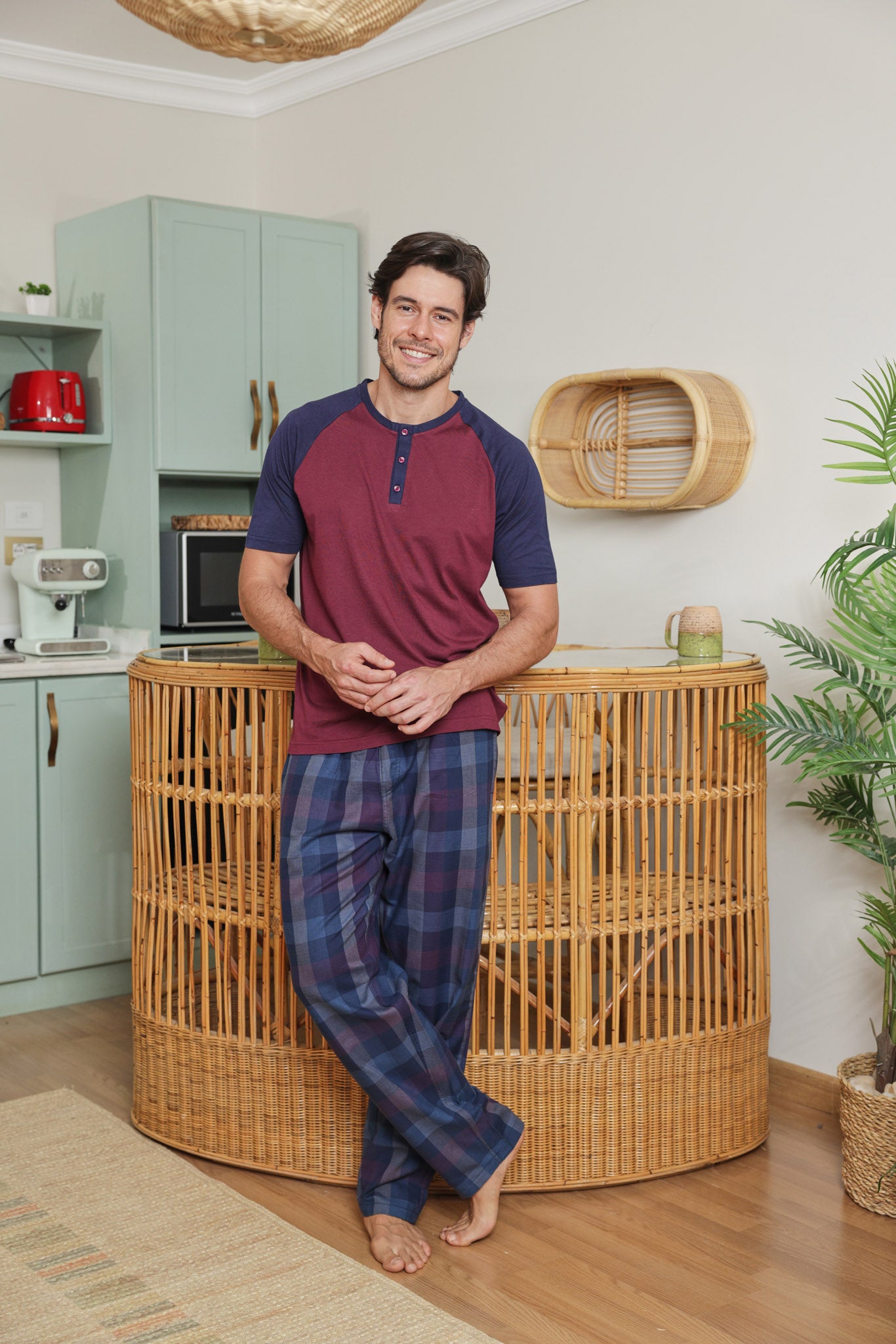 بيجاما رجالي توب ساده بنطلون كاروه نسيج