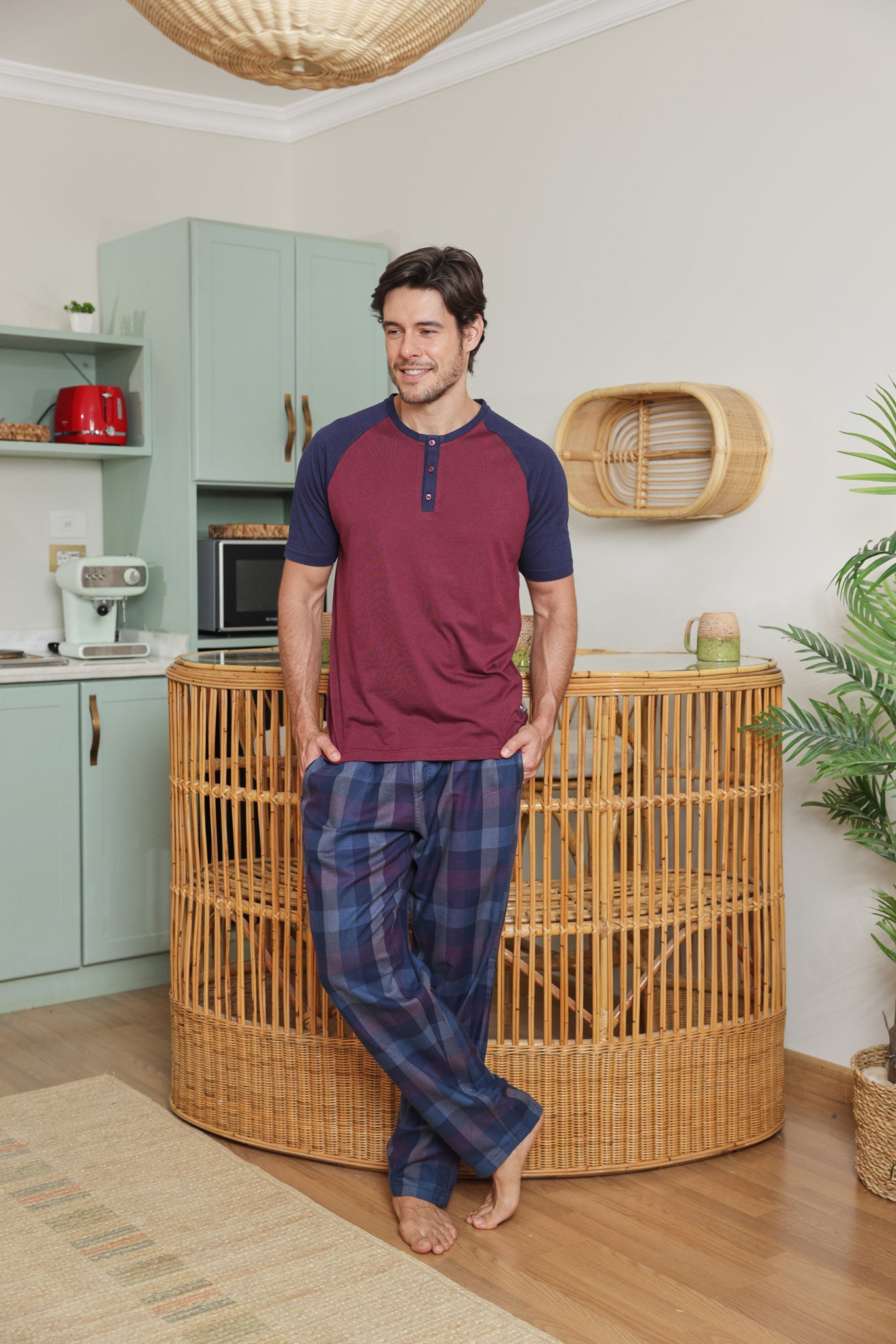 بيجاما رجالي توب ساده بنطلون كاروه نسيج