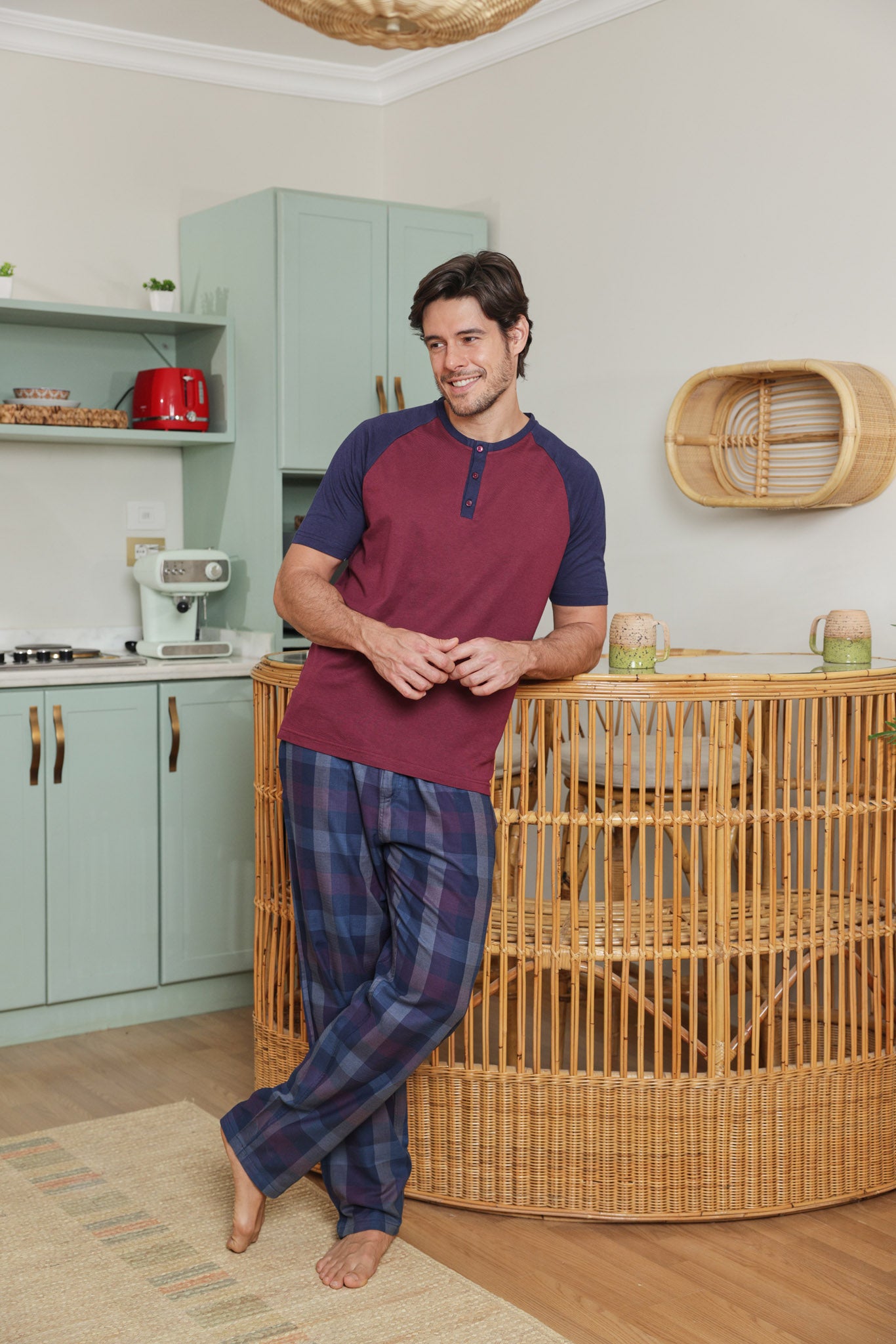 بيجاما رجالي توب ساده بنطلون كاروه نسيج