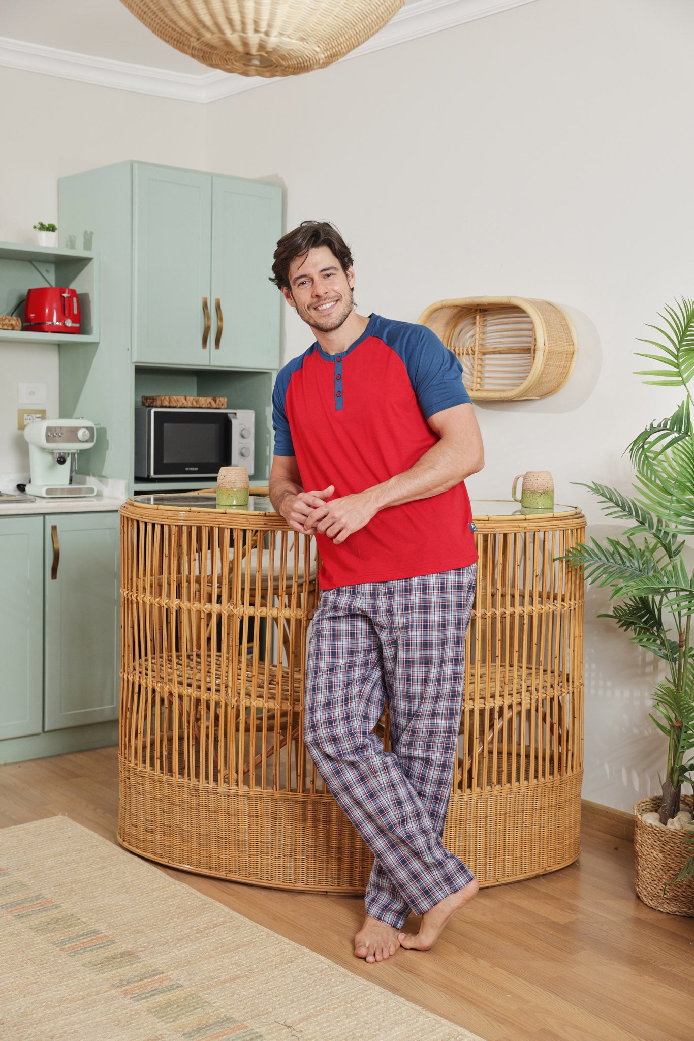 بيجاما رجالي توب ساده بنطلون كاروه نسيج