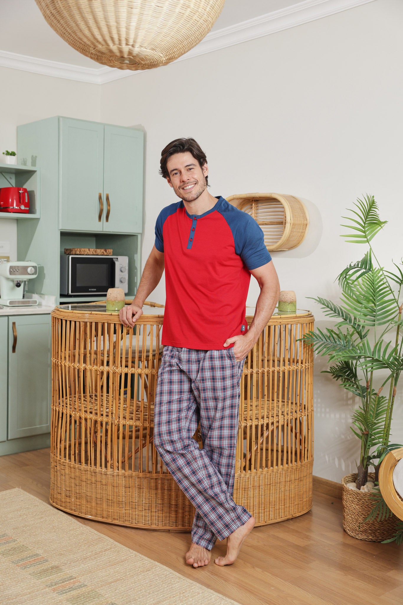 بيجاما رجالي توب ساده بنطلون كاروه نسيج