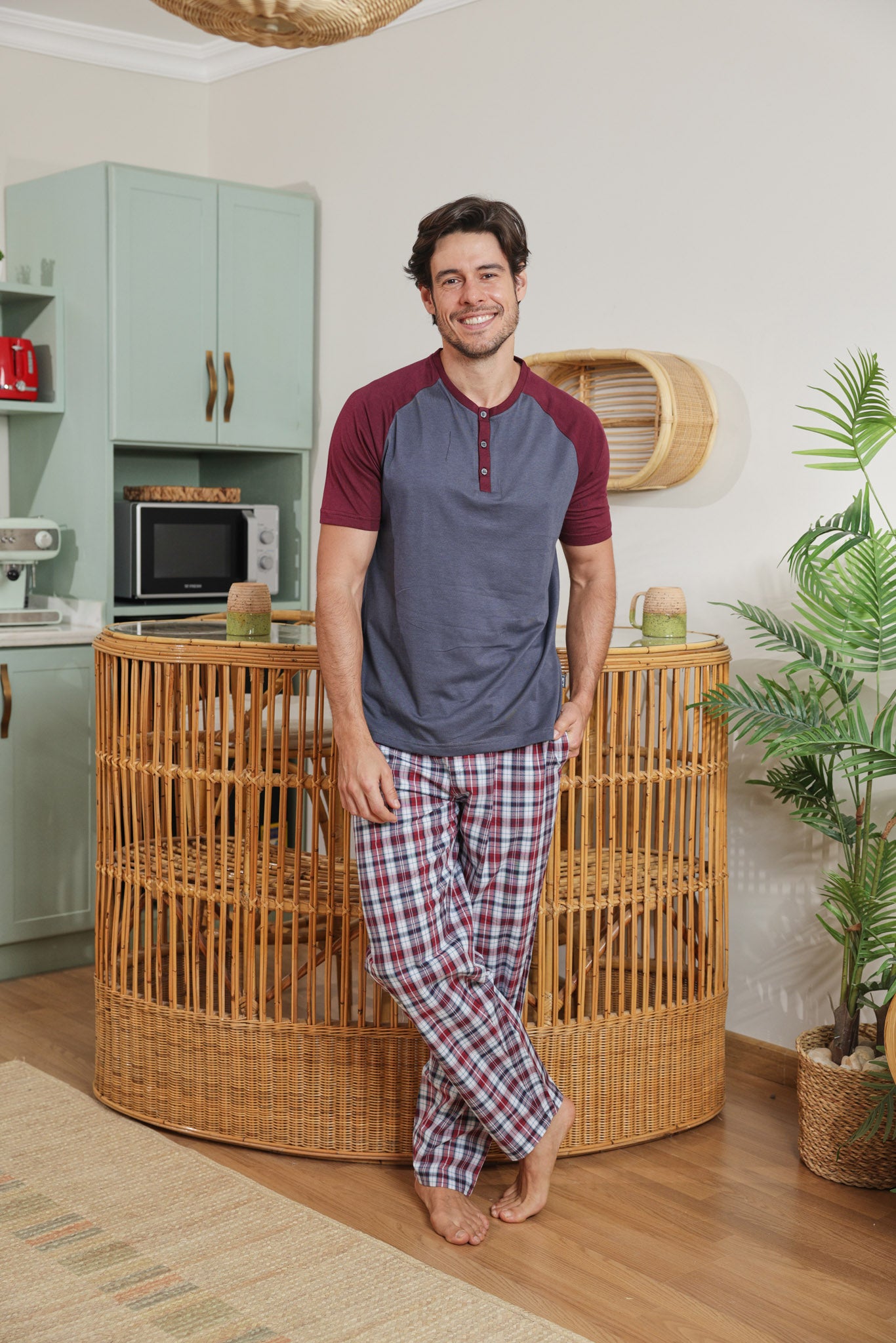 بيجاما رجالي توب ساده بنطلون كاروه نسيج