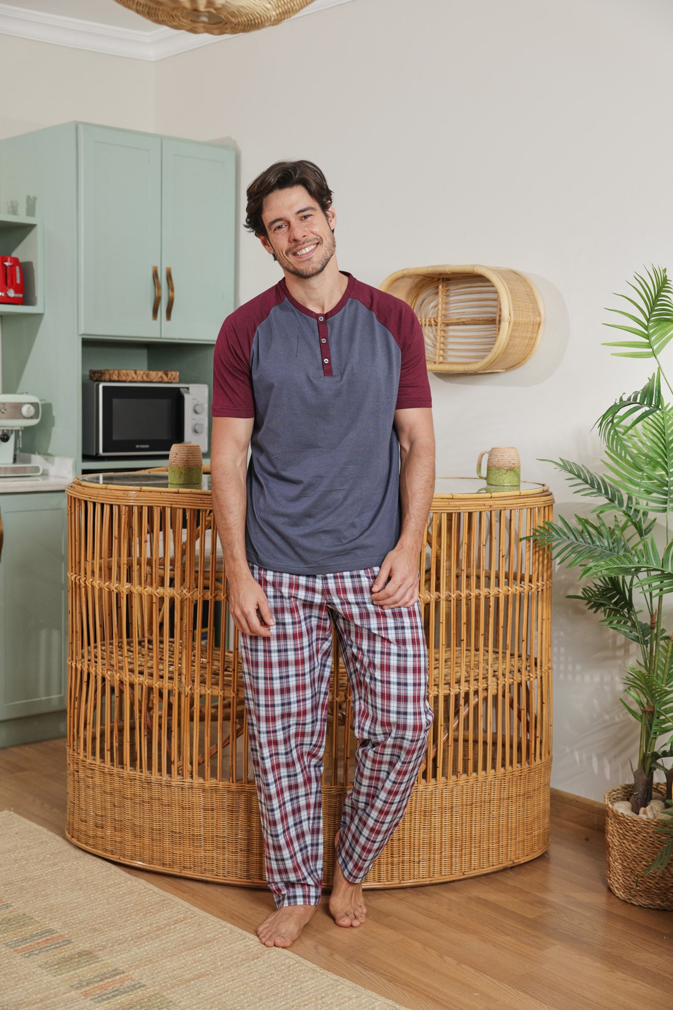 بيجاما رجالي توب ساده بنطلون كاروه نسيج