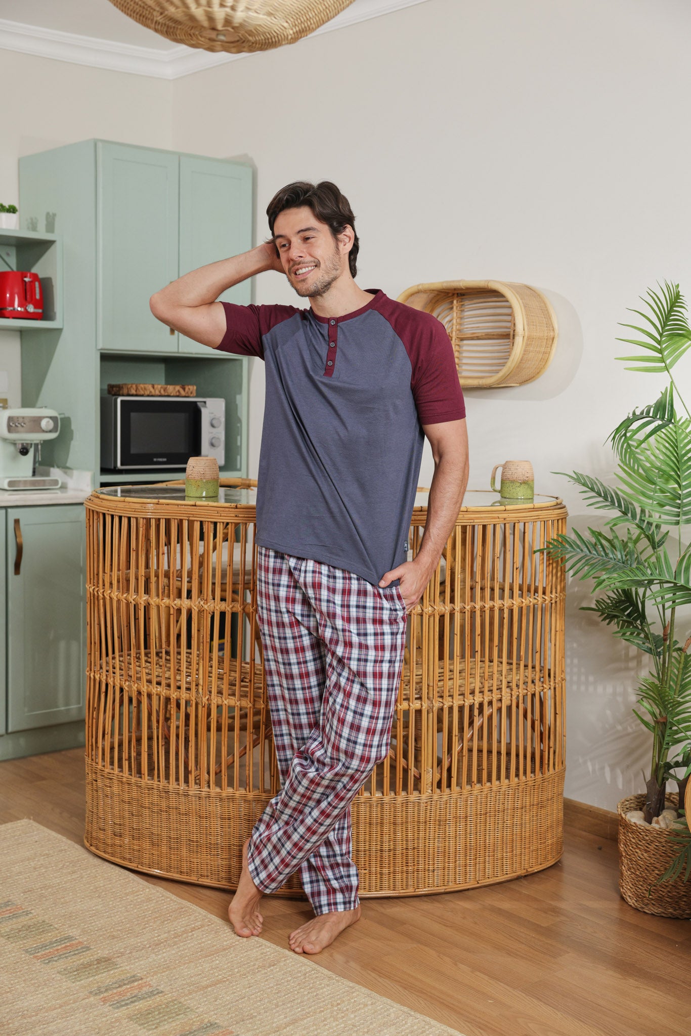 بيجاما رجالي توب ساده بنطلون كاروه نسيج