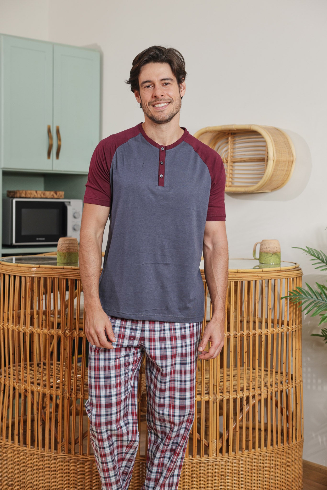 بيجاما رجالي توب ساده بنطلون كاروه نسيج