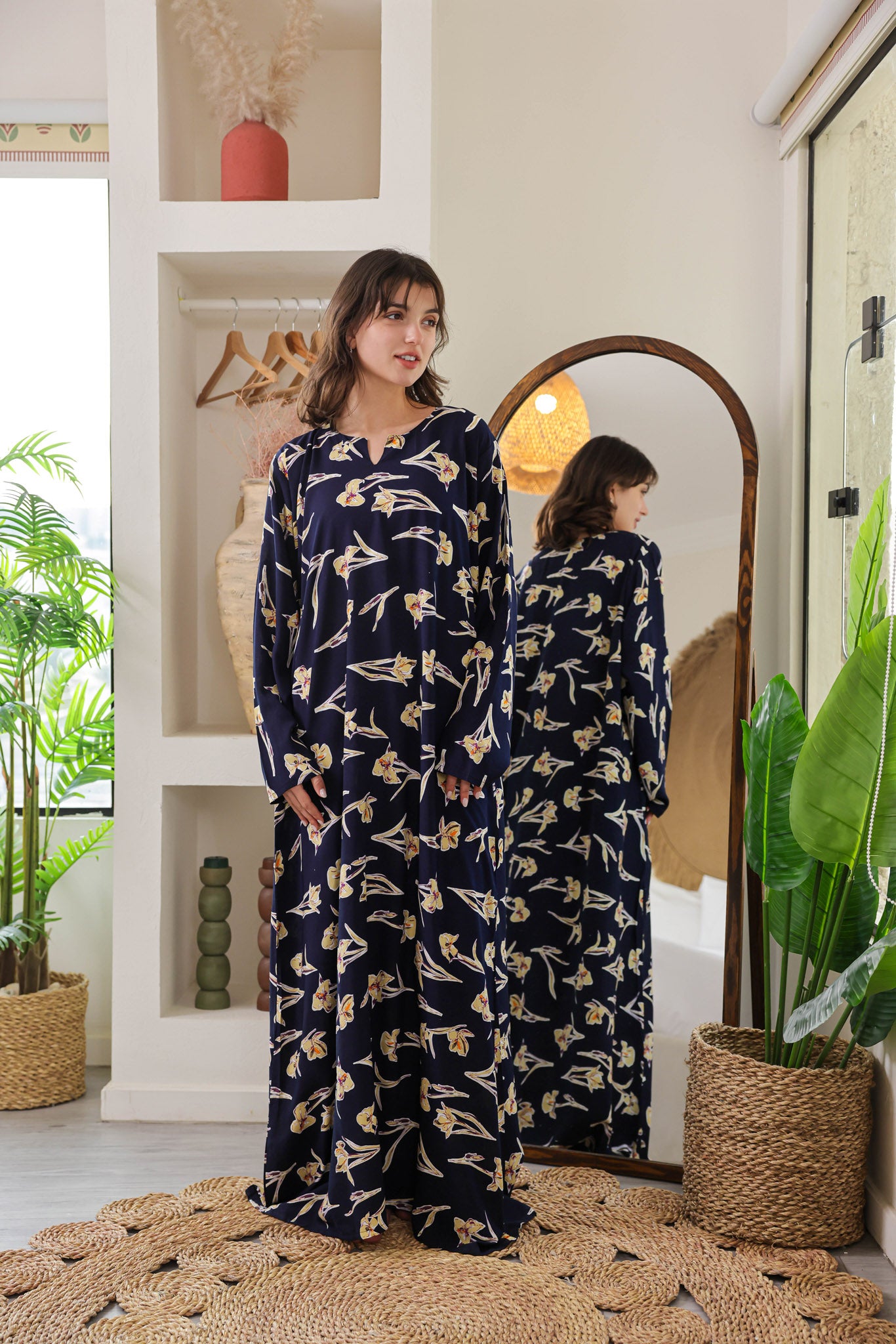 قميص فسكوز بكم مطبوع ورده