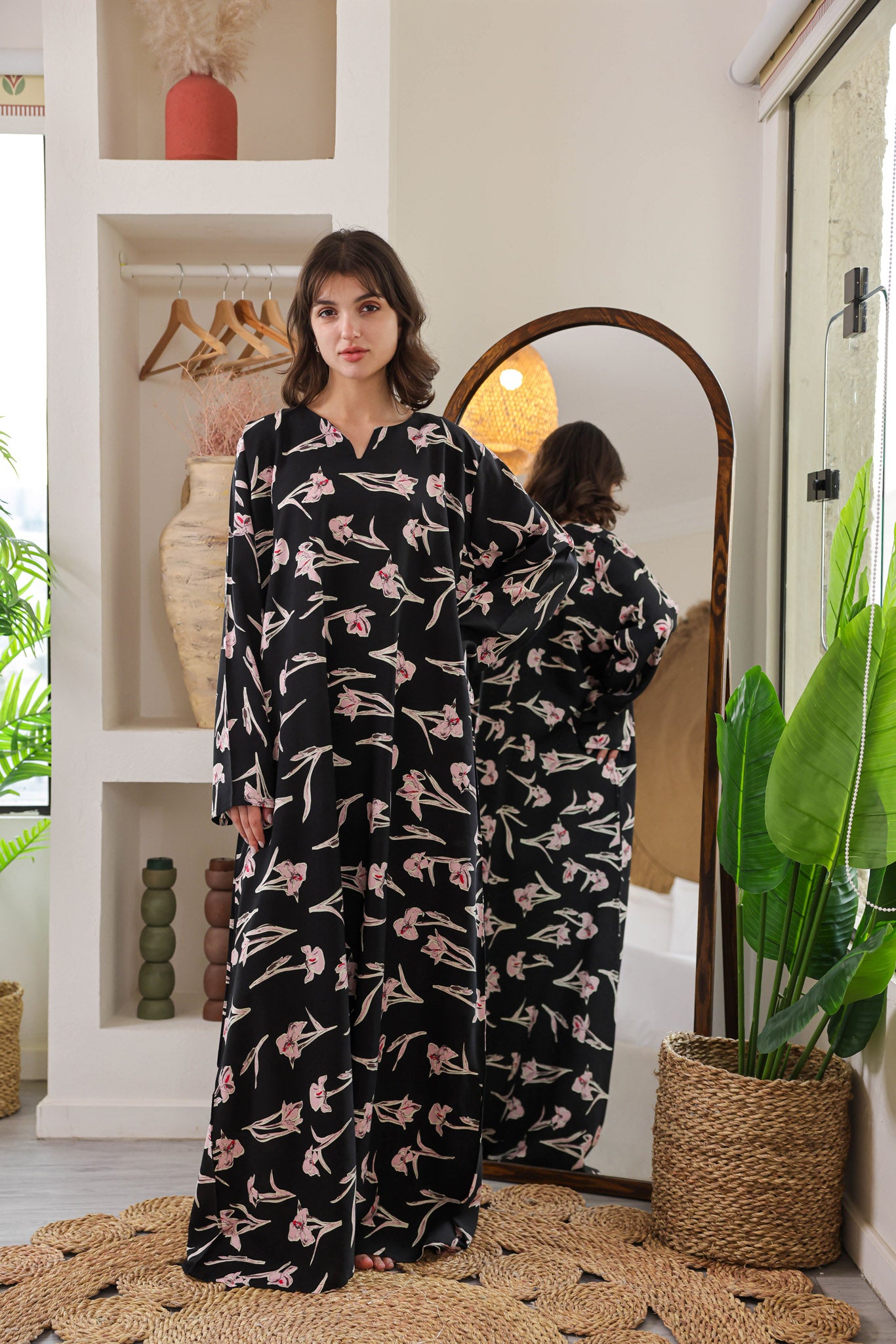 قميص فسكوز بكم مطبوع ورده