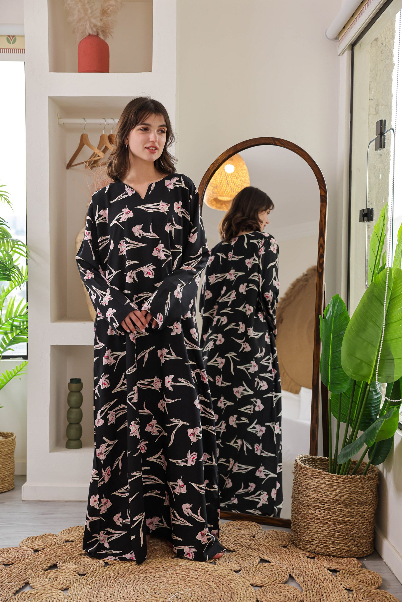 قميص فسكوز بكم مطبوع ورده