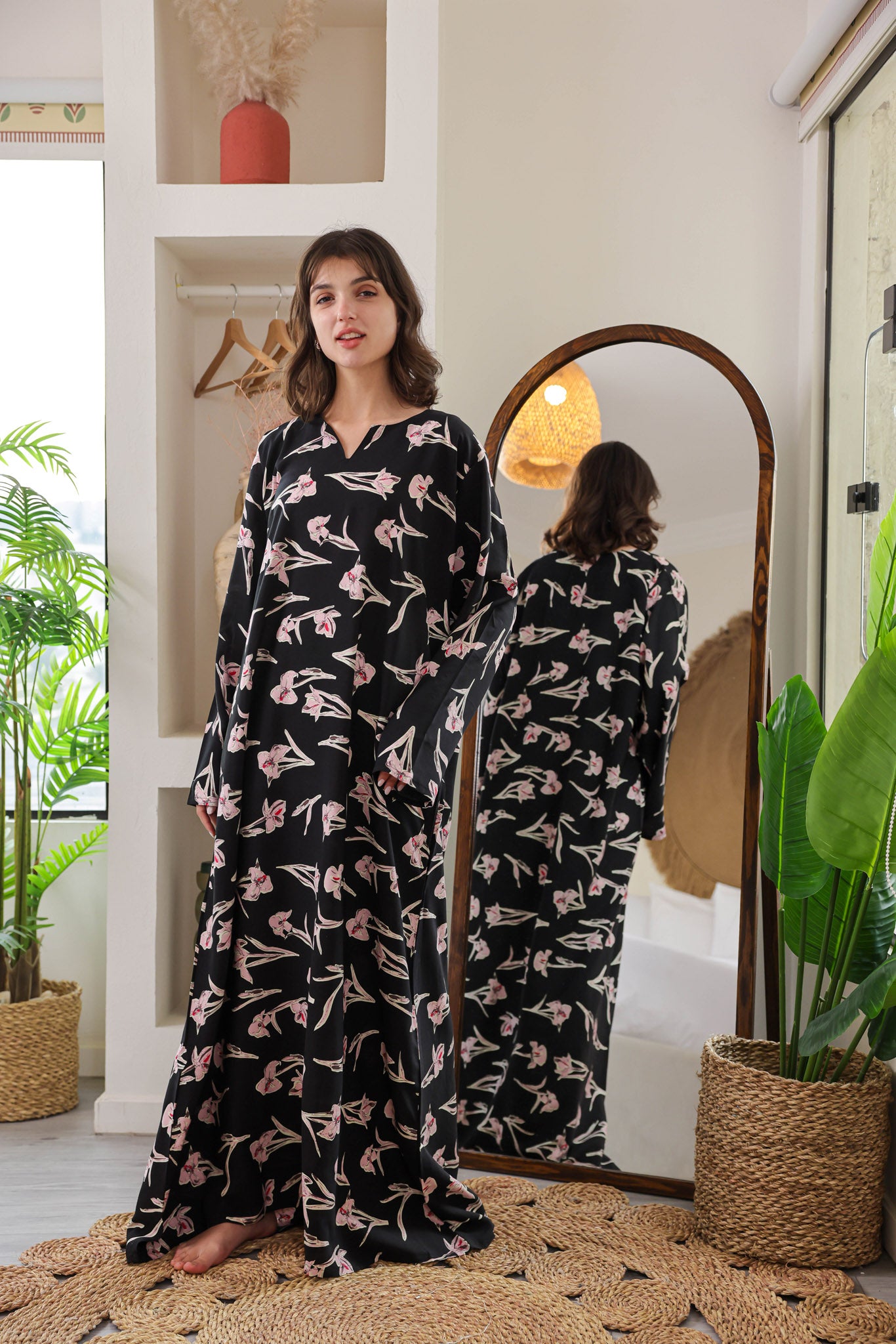 قميص فسكوز بكم مطبوع ورده