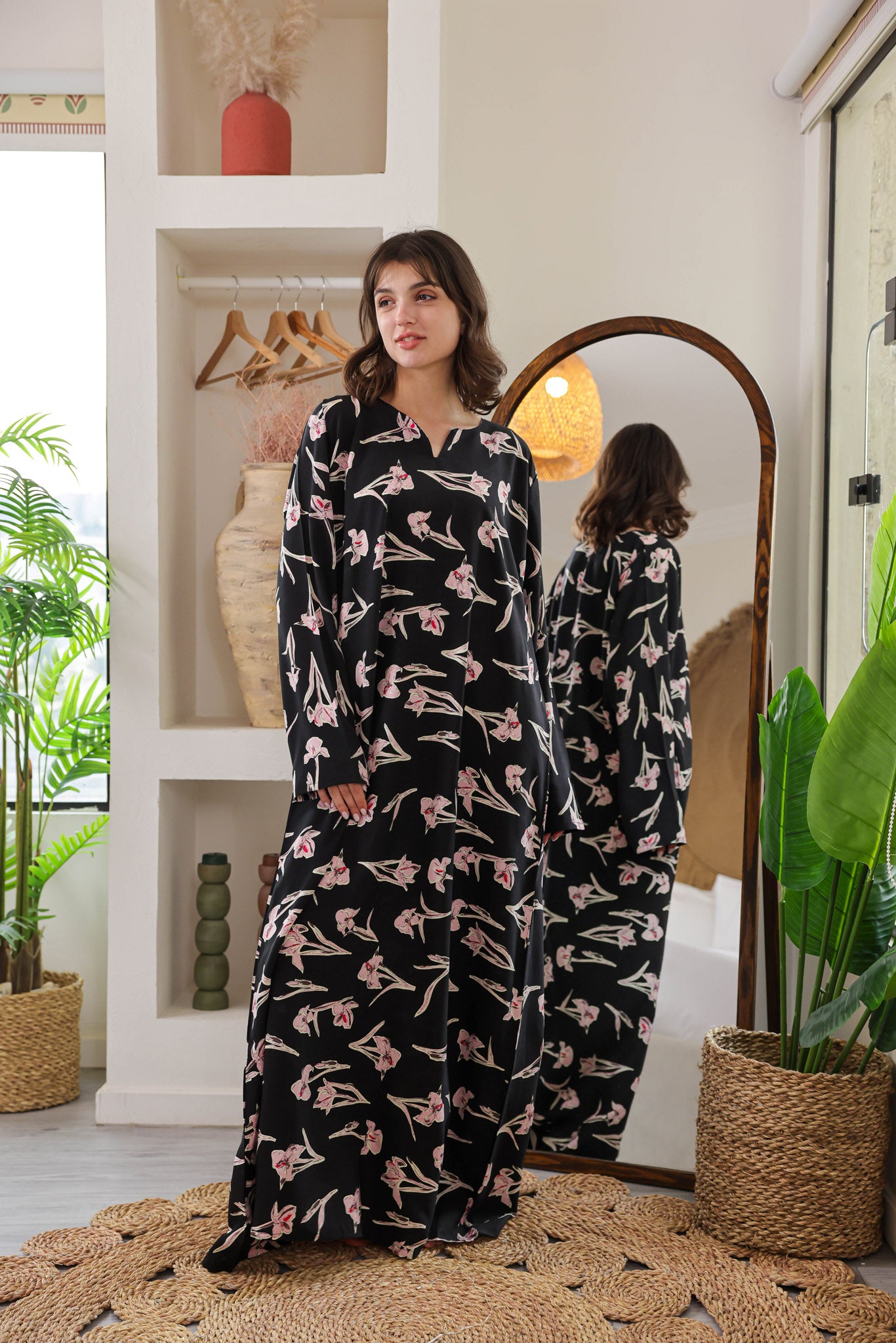 قميص فسكوز بكم مطبوع ورده