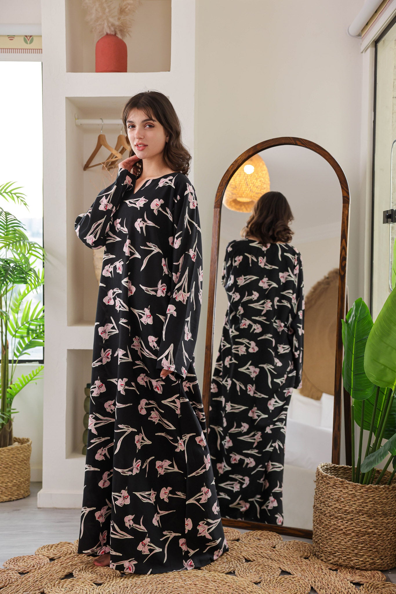 قميص فسكوز بكم مطبوع ورده