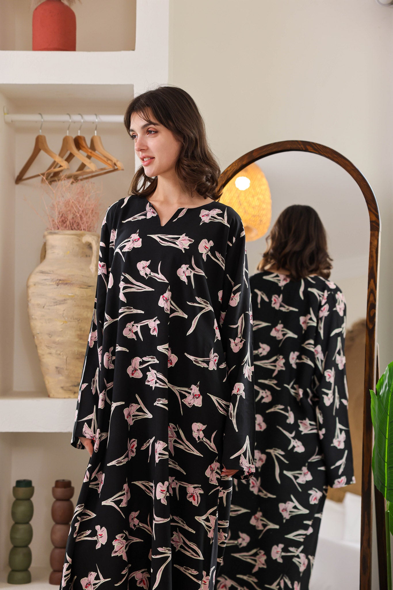 قميص فسكوز بكم مطبوع ورده