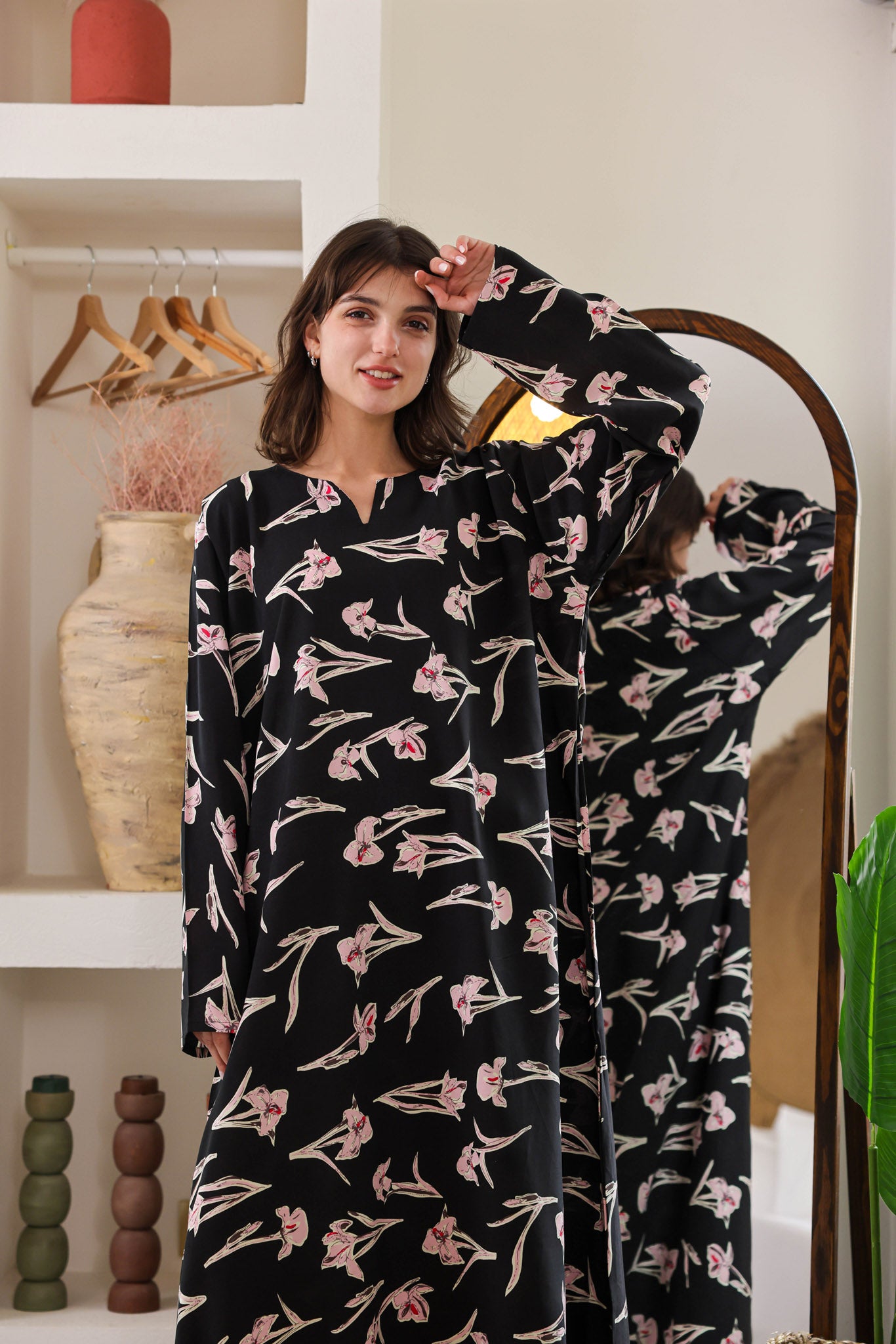 قميص فسكوز بكم مطبوع ورده