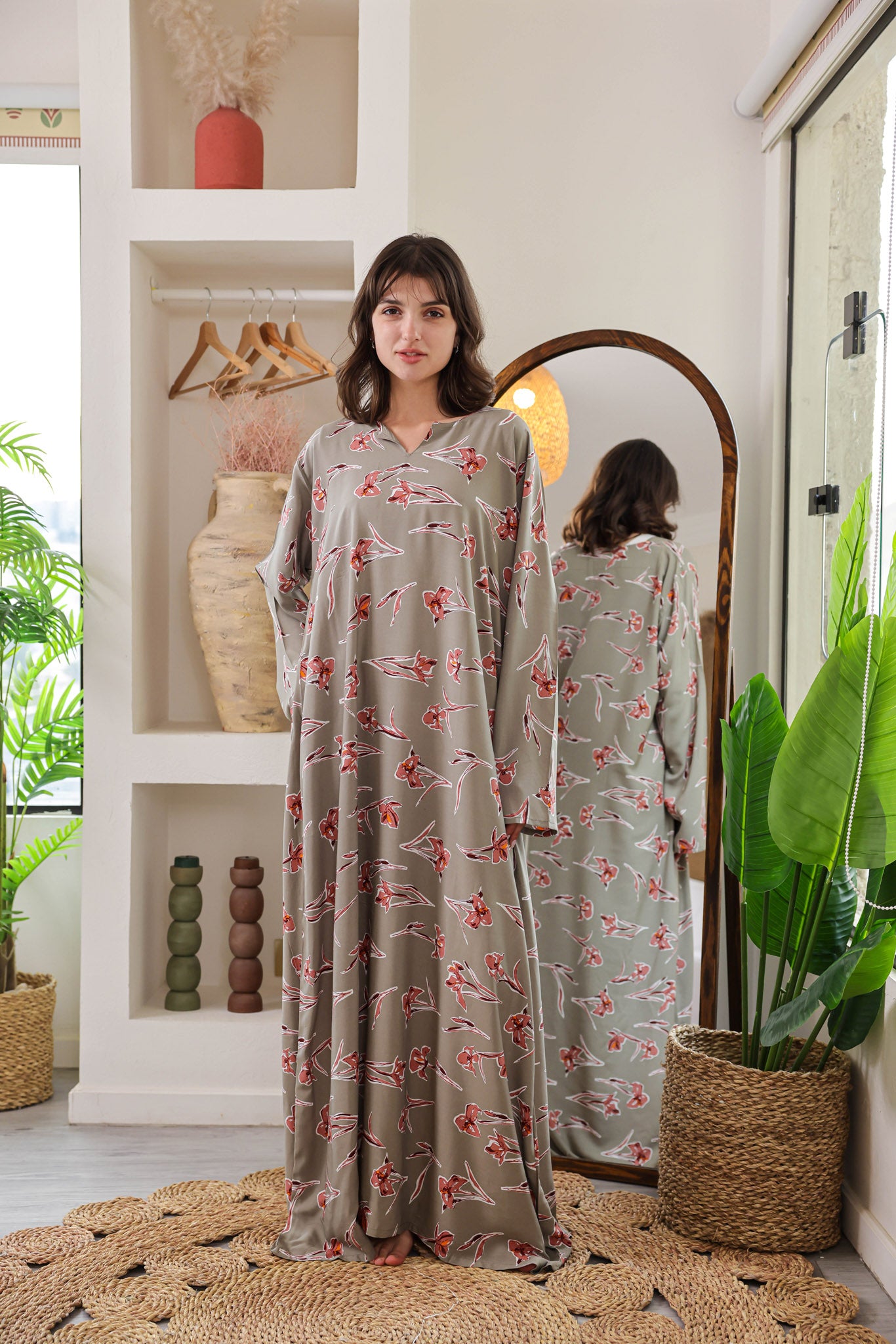 قميص فسكوز بكم مطبوع ورده