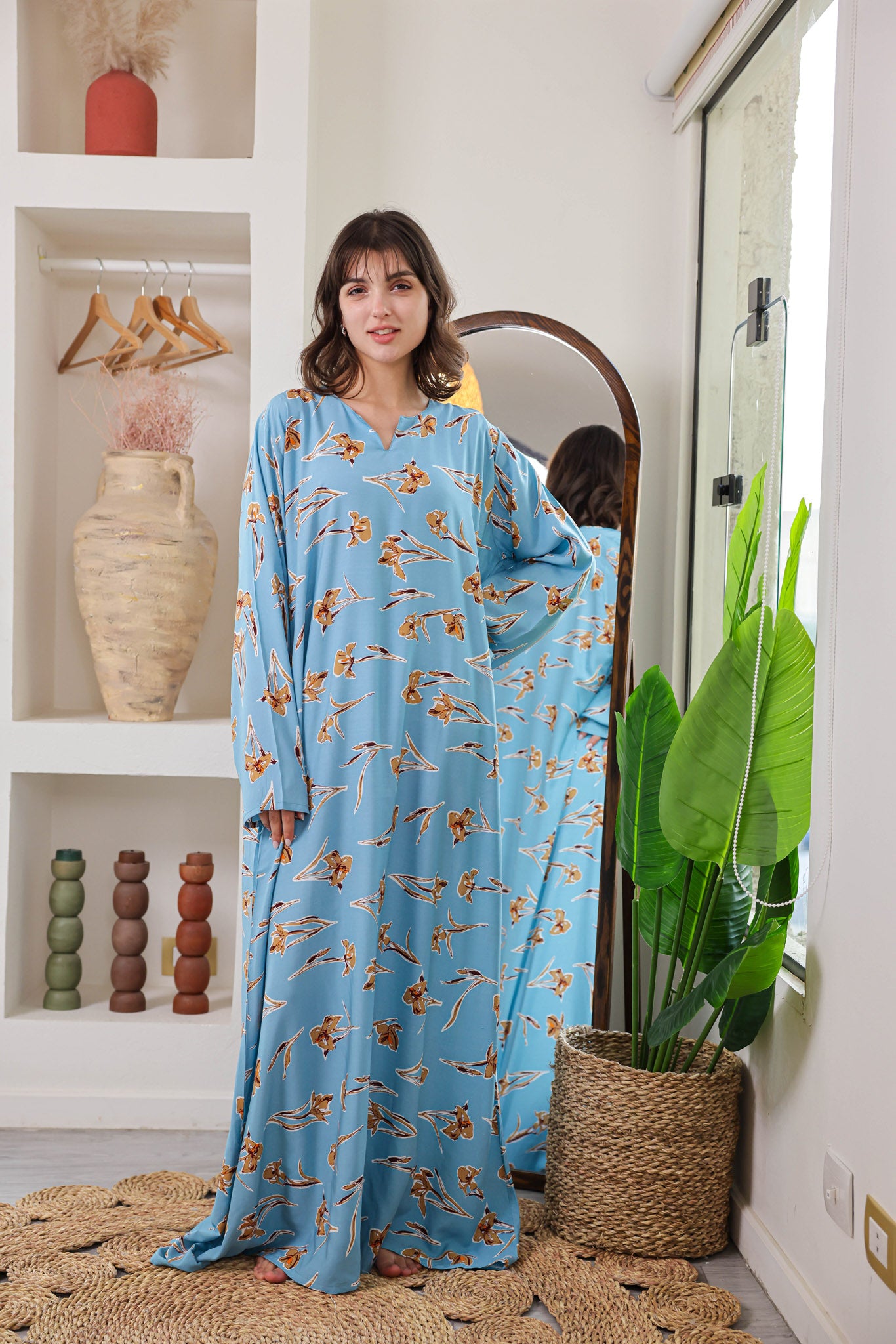 قميص فسكوز بكم مطبوع ورده