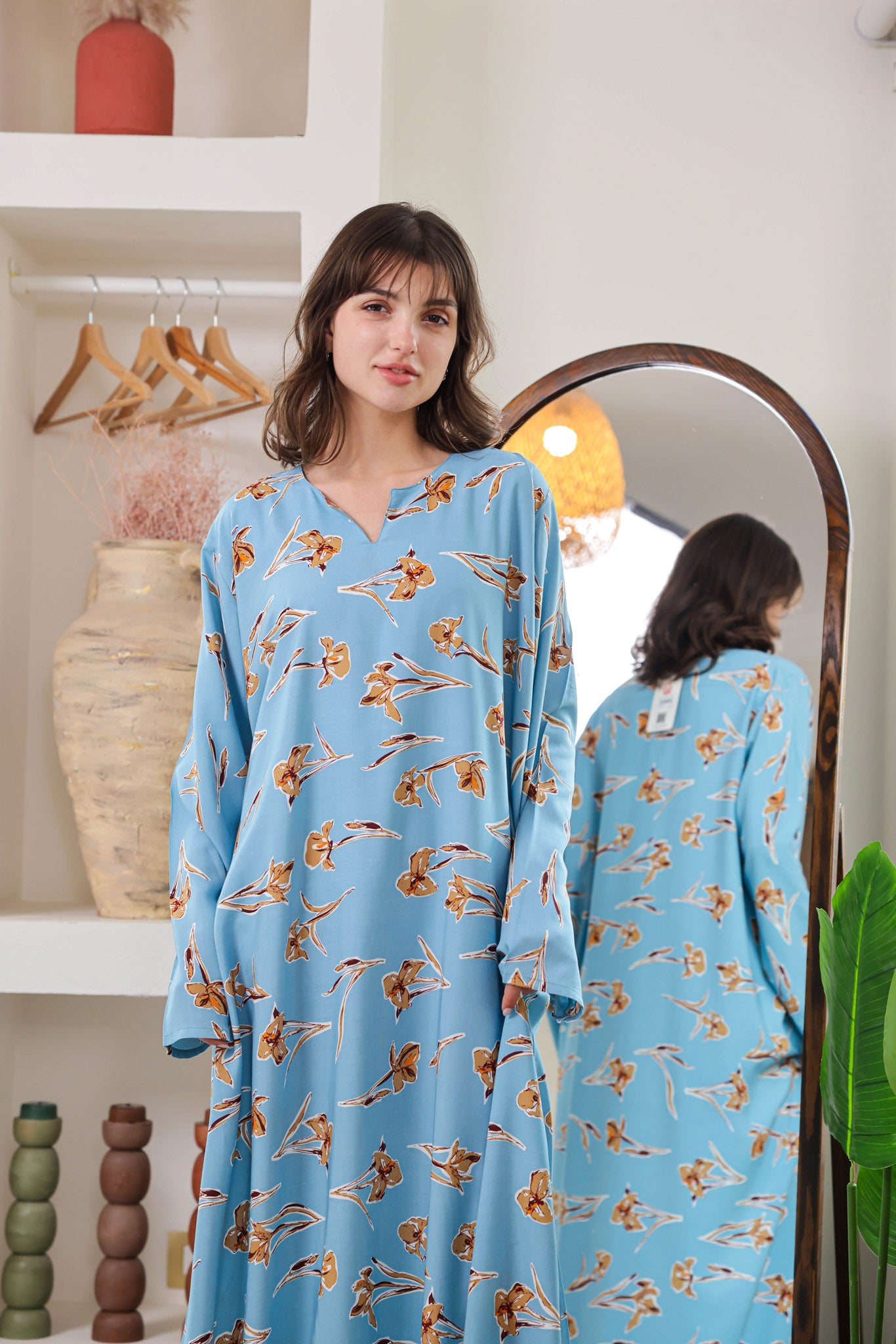 قميص فسكوز بكم مطبوع ورده