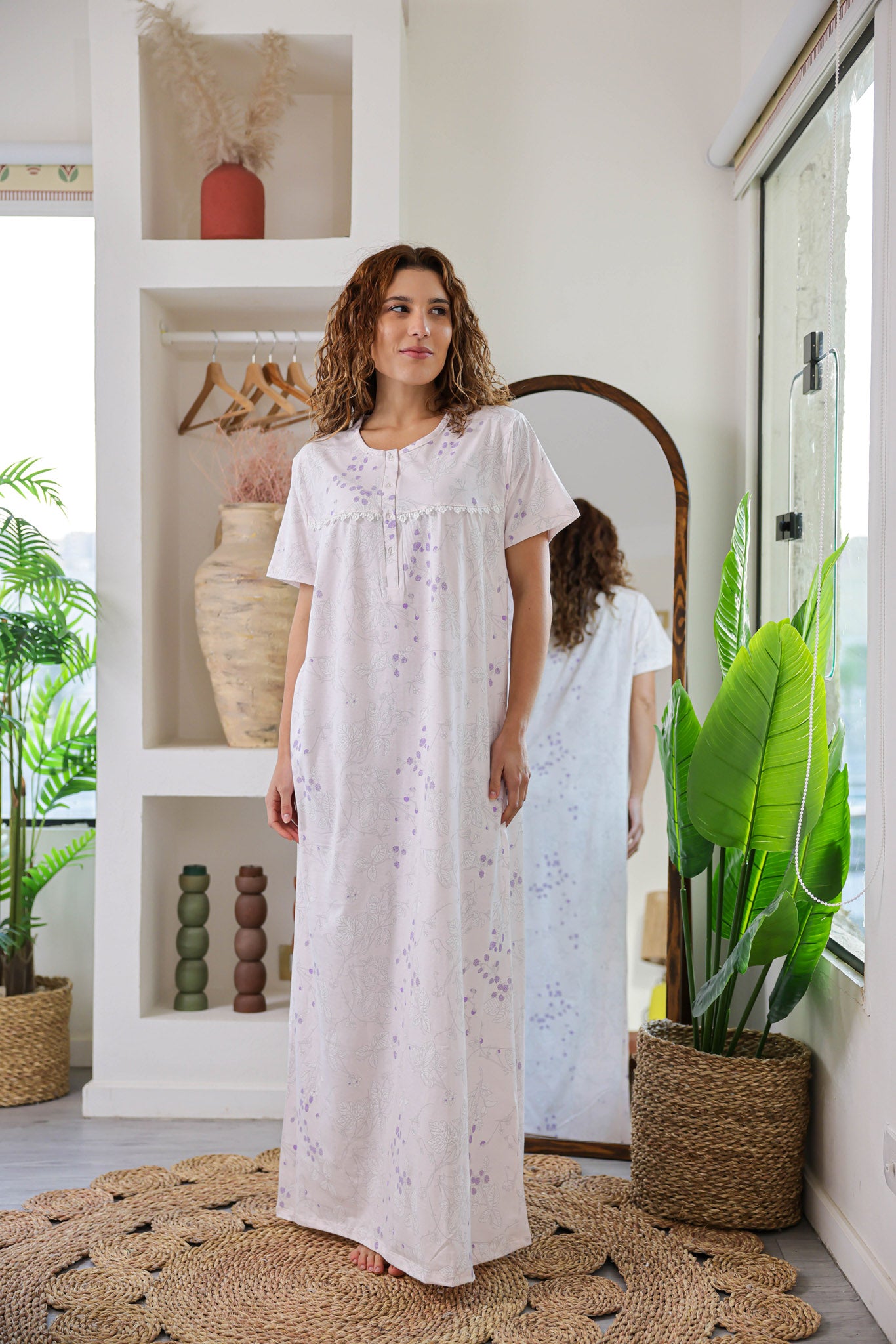 قميص نص كم قطن مطبوع بسفره بندا وزراير