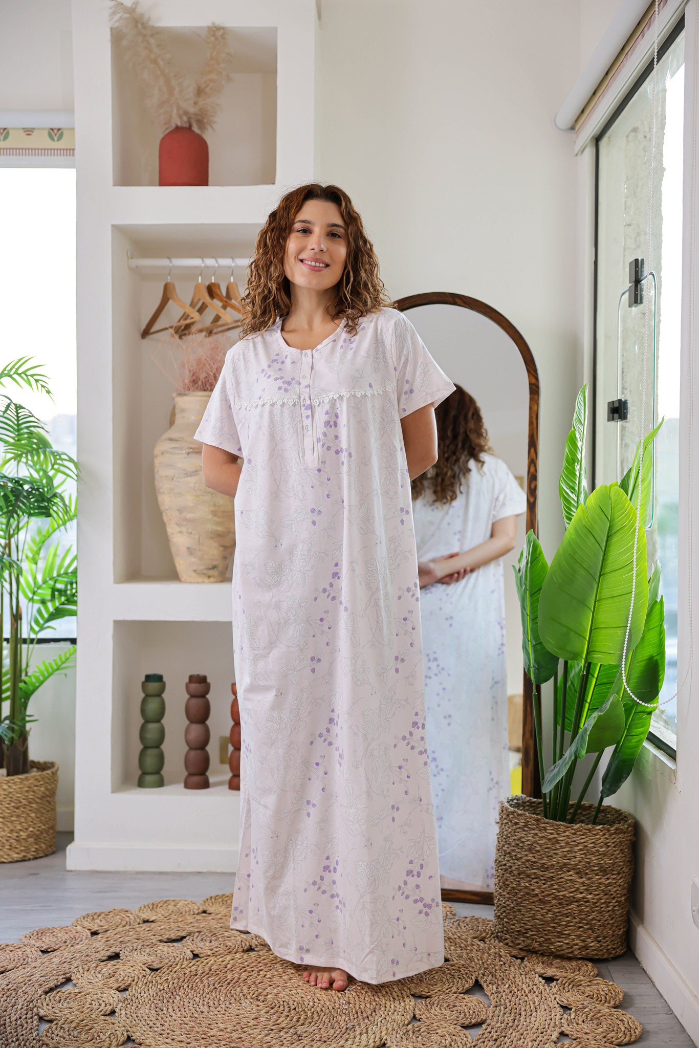 قميص نص كم قطن مطبوع بسفره بندا وزراير