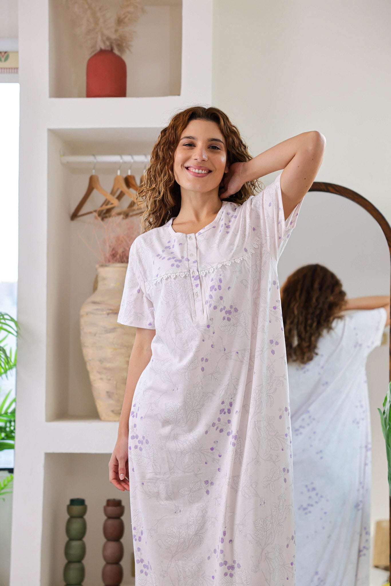 قميص نص كم قطن مطبوع بسفره بندا وزراير