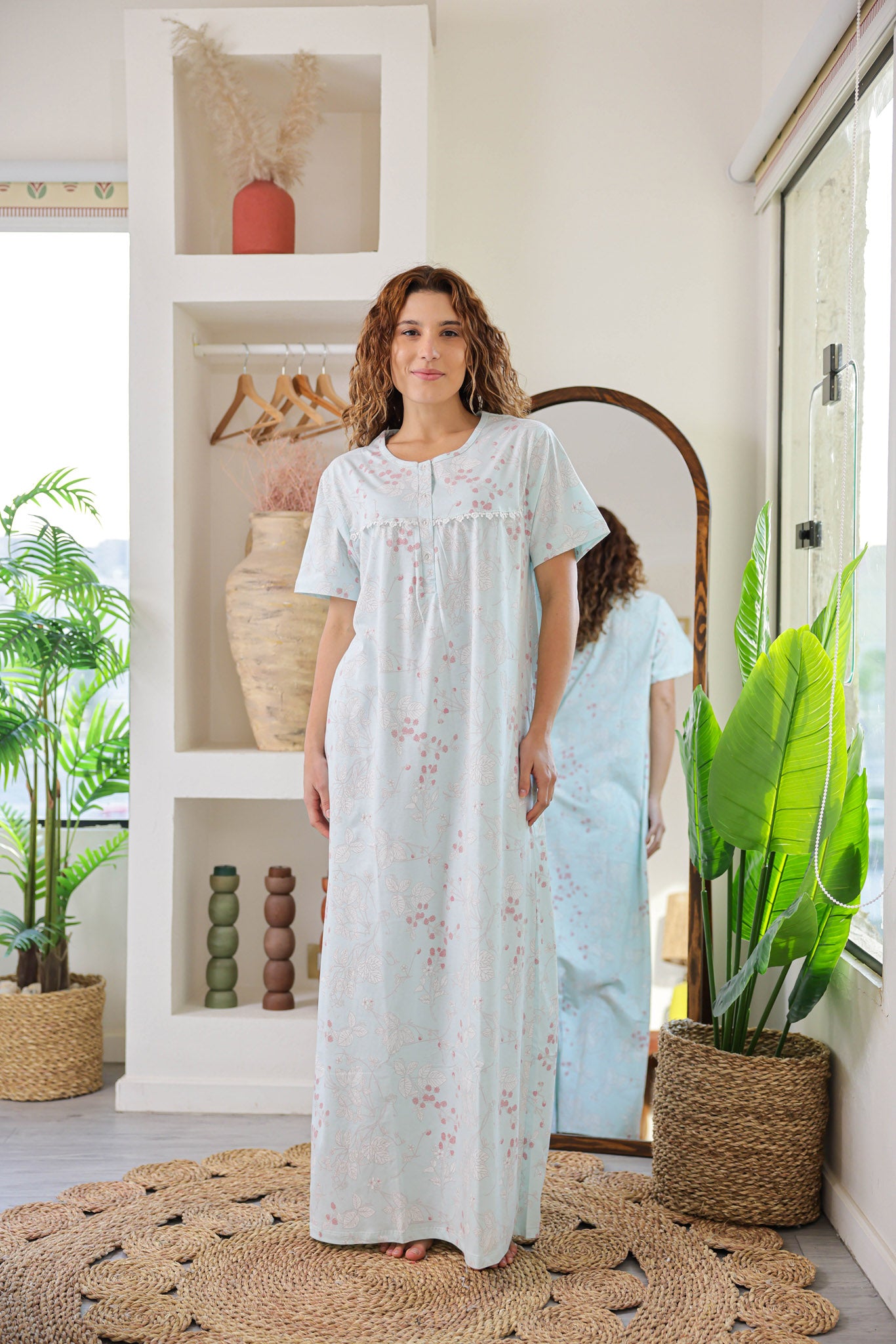 قميص نص كم قطن مطبوع بسفره بندا وزراير