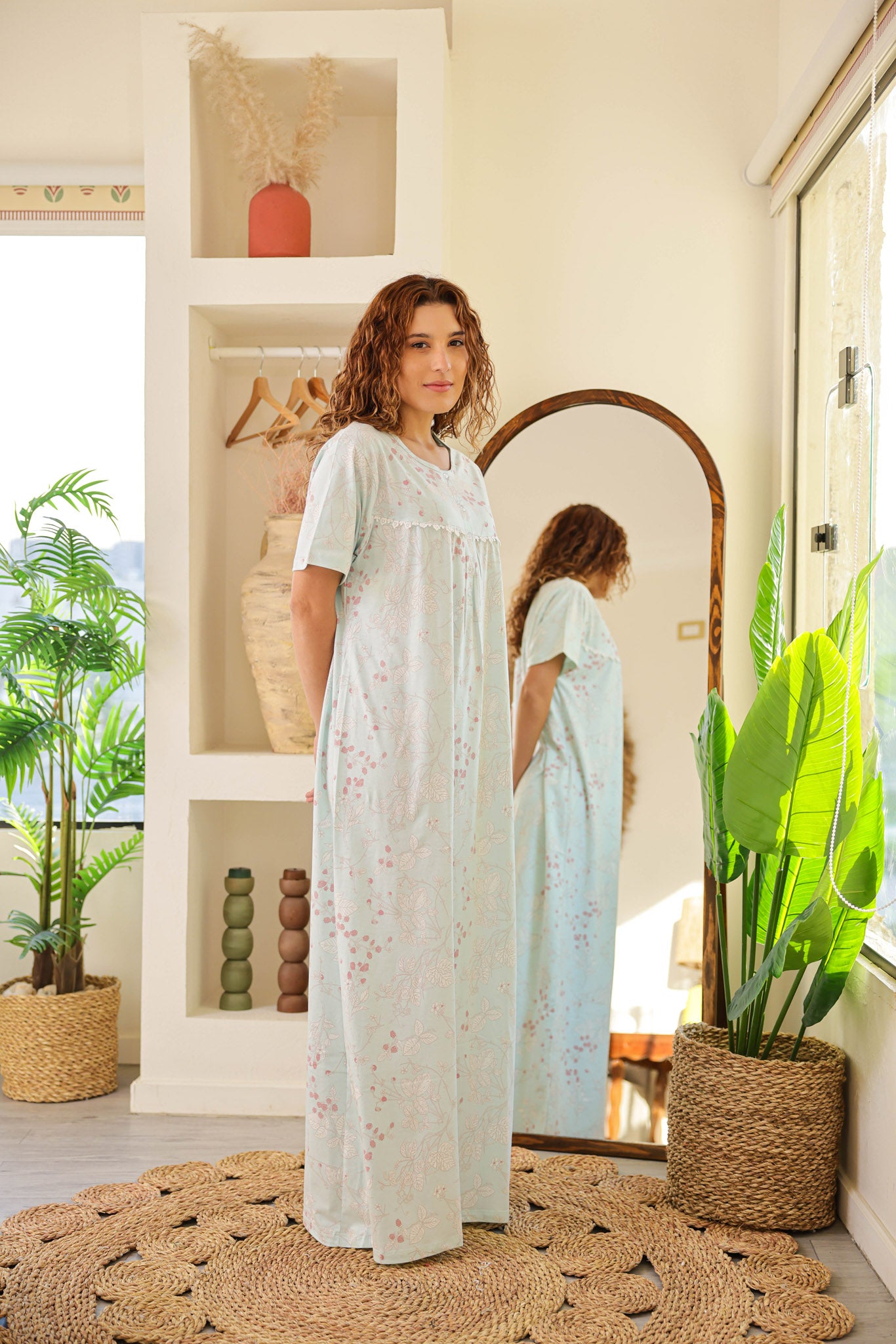 قميص نص كم قطن مطبوع بسفره بندا وزراير